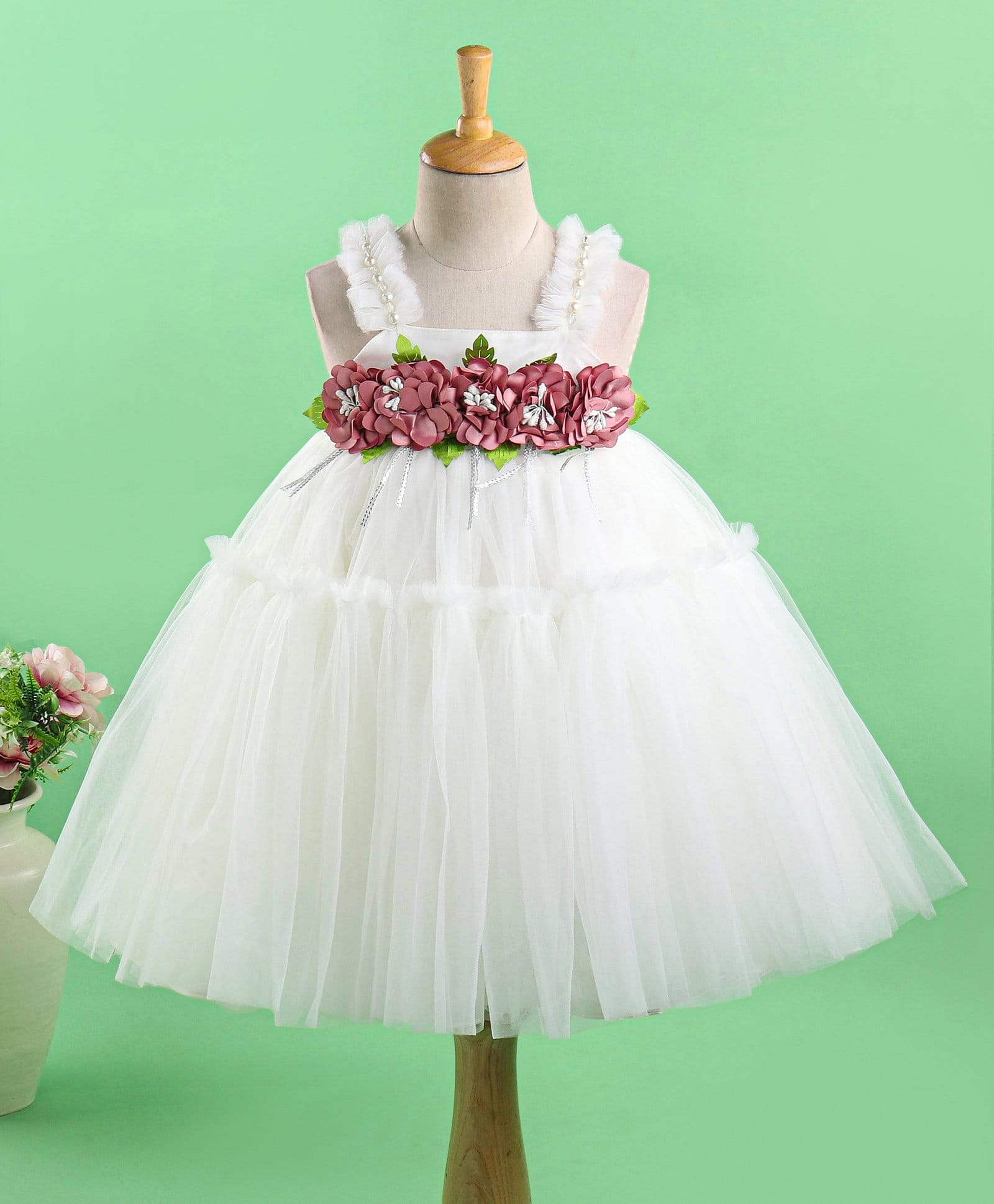Enfance Net Knit Sleeveless Party Wear Dress with Floral Corsage - White & Pink-picture-15
