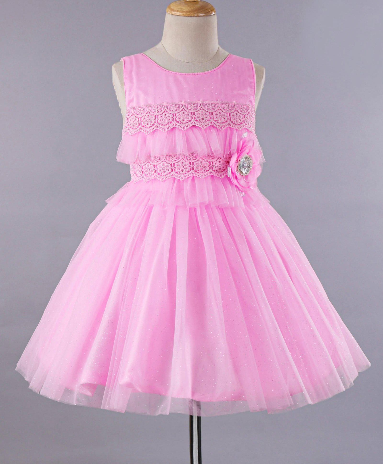 Enfance Net Knit Sleeveless Solid Lace Detailed Party Dress with Floral Applique- Baby Pink-image-26