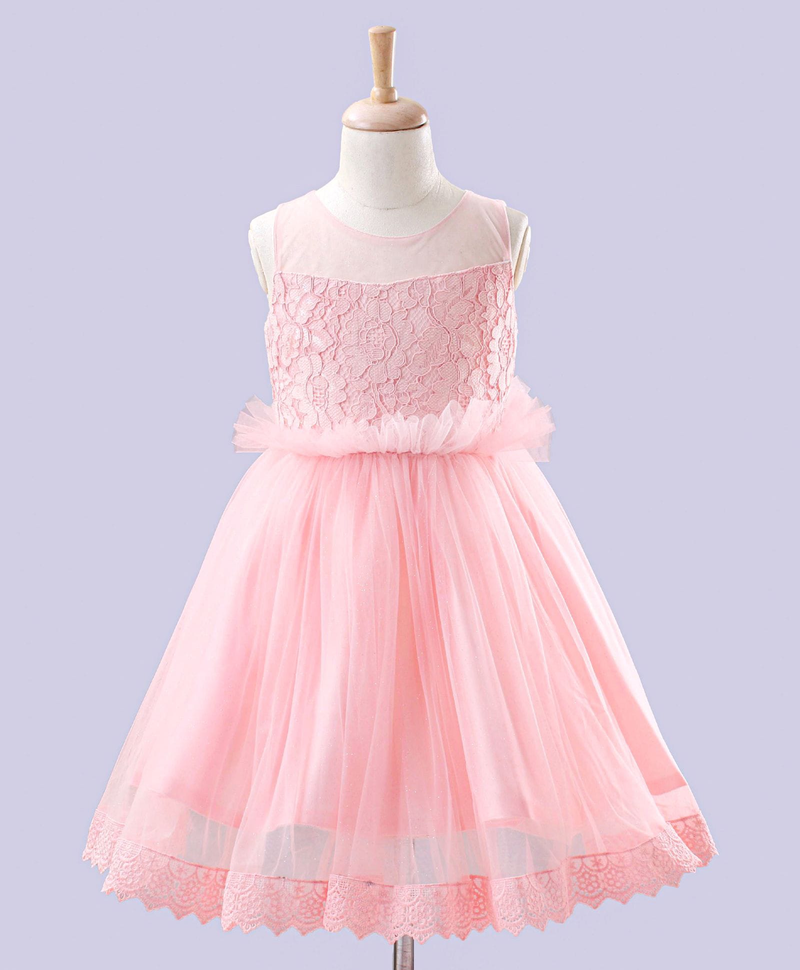 Enfance Net Knit Sleeveless Mesh Yoke Lace Applique Party Wear Dress -Peach-image-38