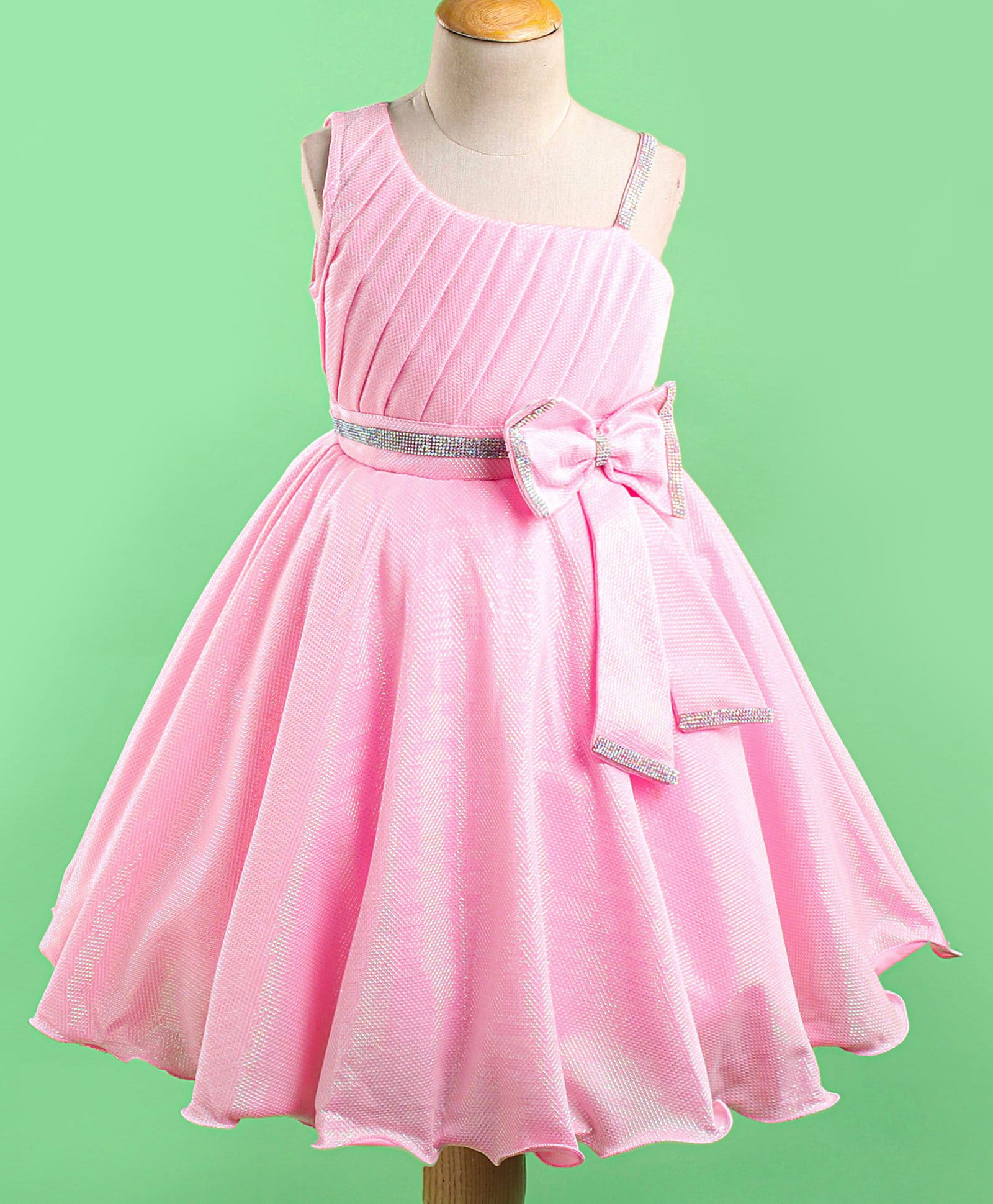 Enfance Net Knit Sleeveless Flare Party Dress with Bow Applique -Pink-picture-21