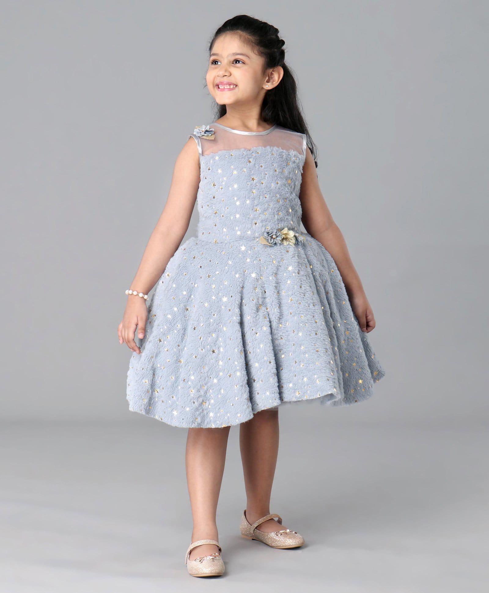 Enfance Fur Woven Sleeveless Foil Star Printed Flared Party Dress With Corsage - Grey-picture-2