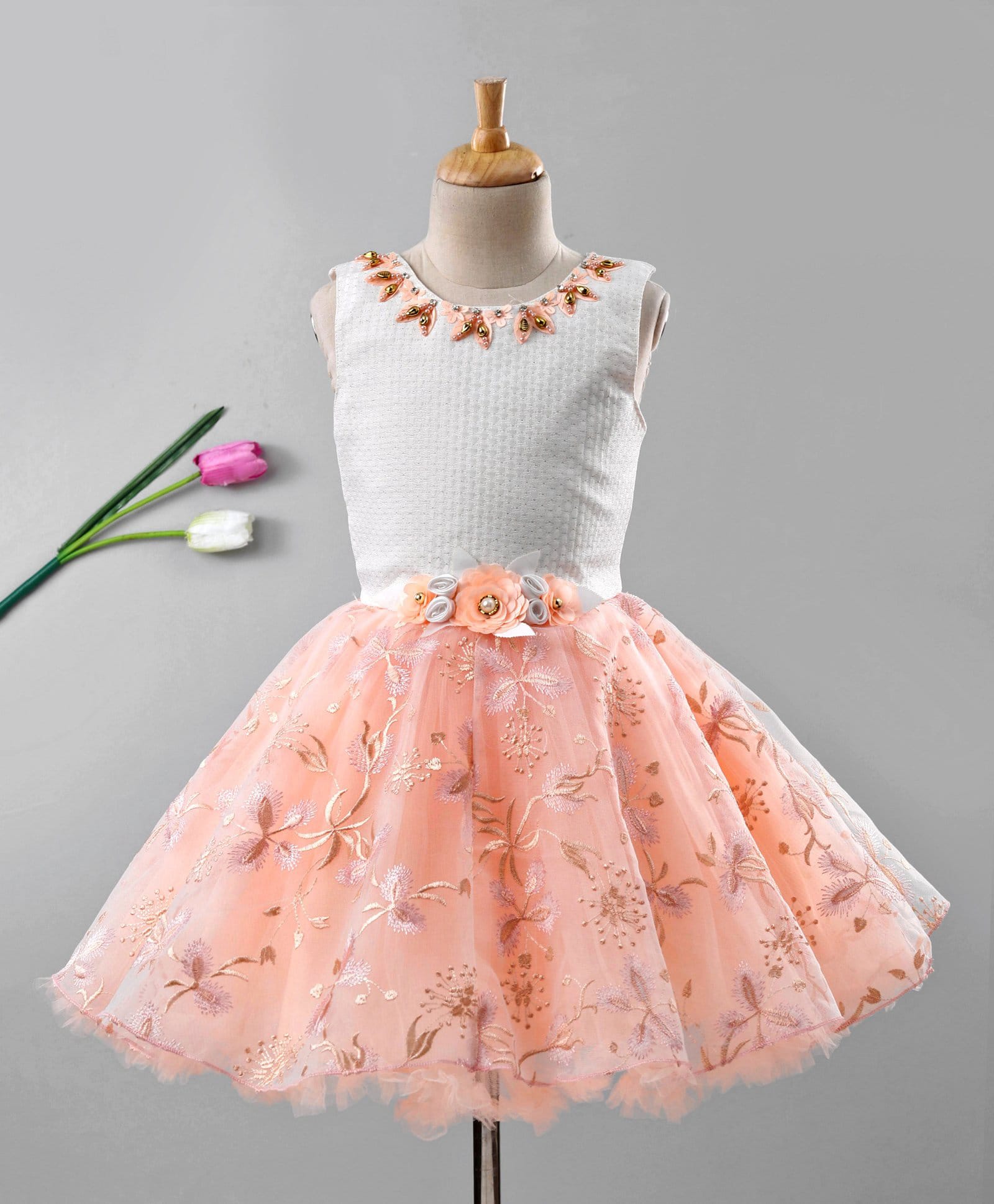 Enfance Net Knit Floral Embroidered Sleeveless Party Dress with Applique - Peach-picture-28