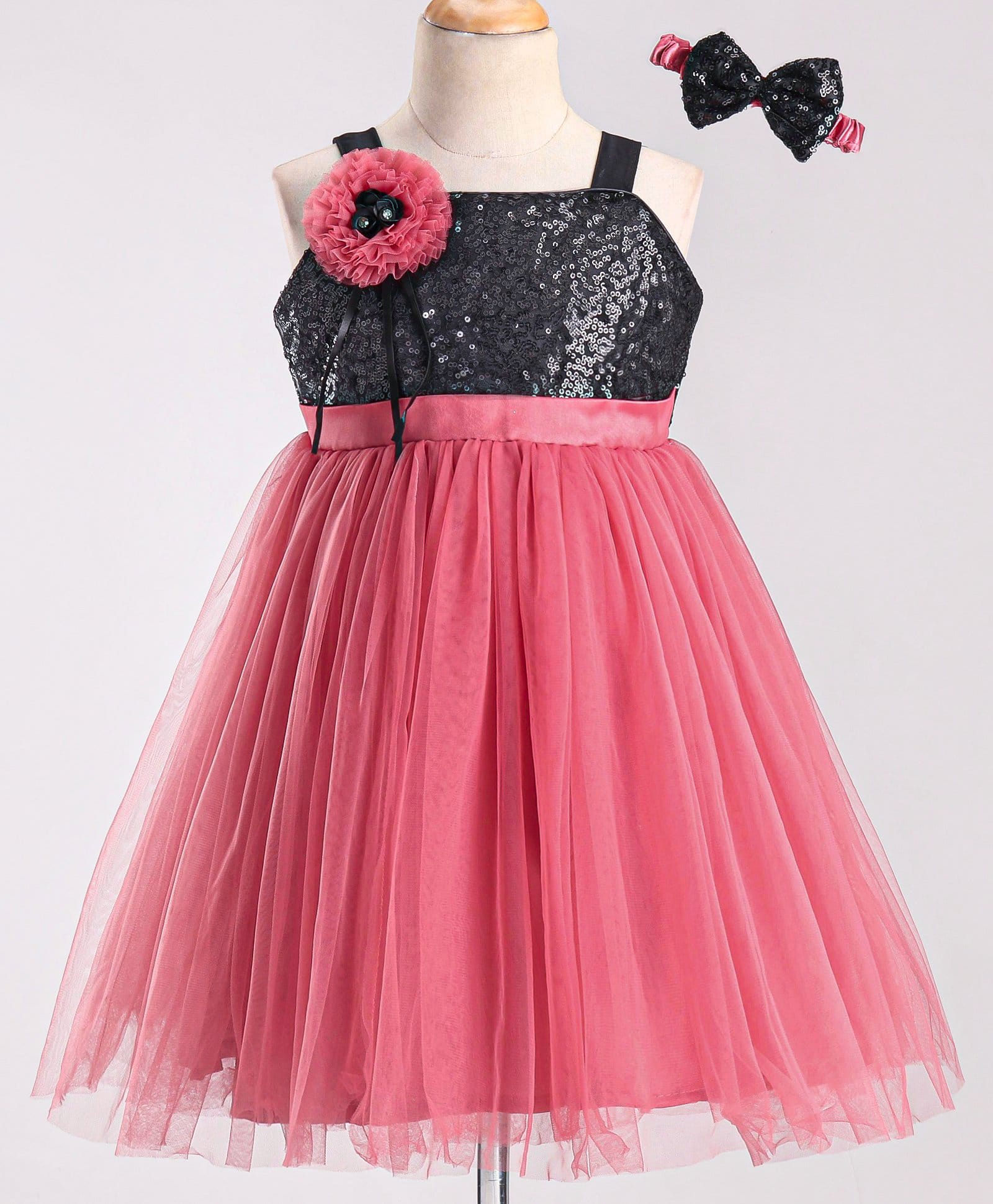 Enfance Sleeveless Flower Applique Solid Dress With Hairband -Tomato-18-Net (DC)-(12 to 24 Month)-picture-13