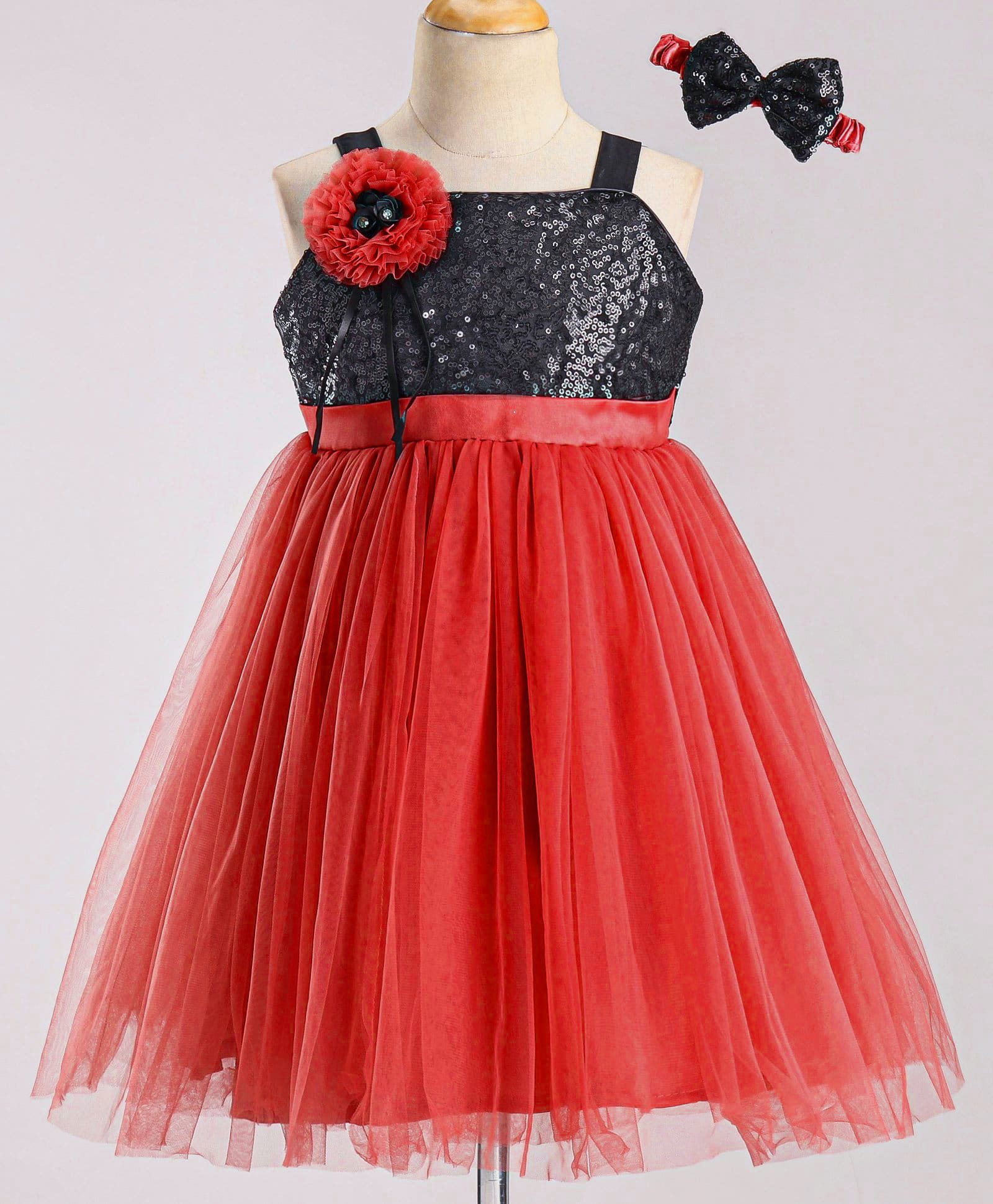 Enfance Net Knit Sleeveless Sequinned Party Dress with With Hairband & Floral Applique -Red-picture-29