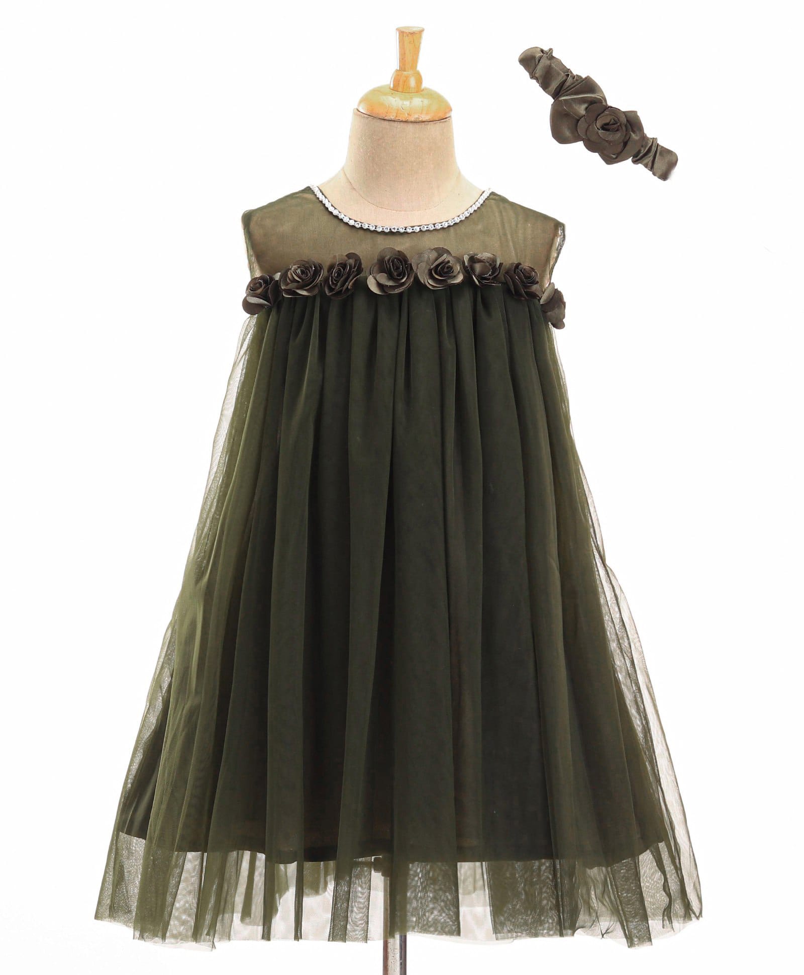 Enfance Net Knit Sleeveless Flower Applique Solid Dress With Hairband - Olive-picture-1