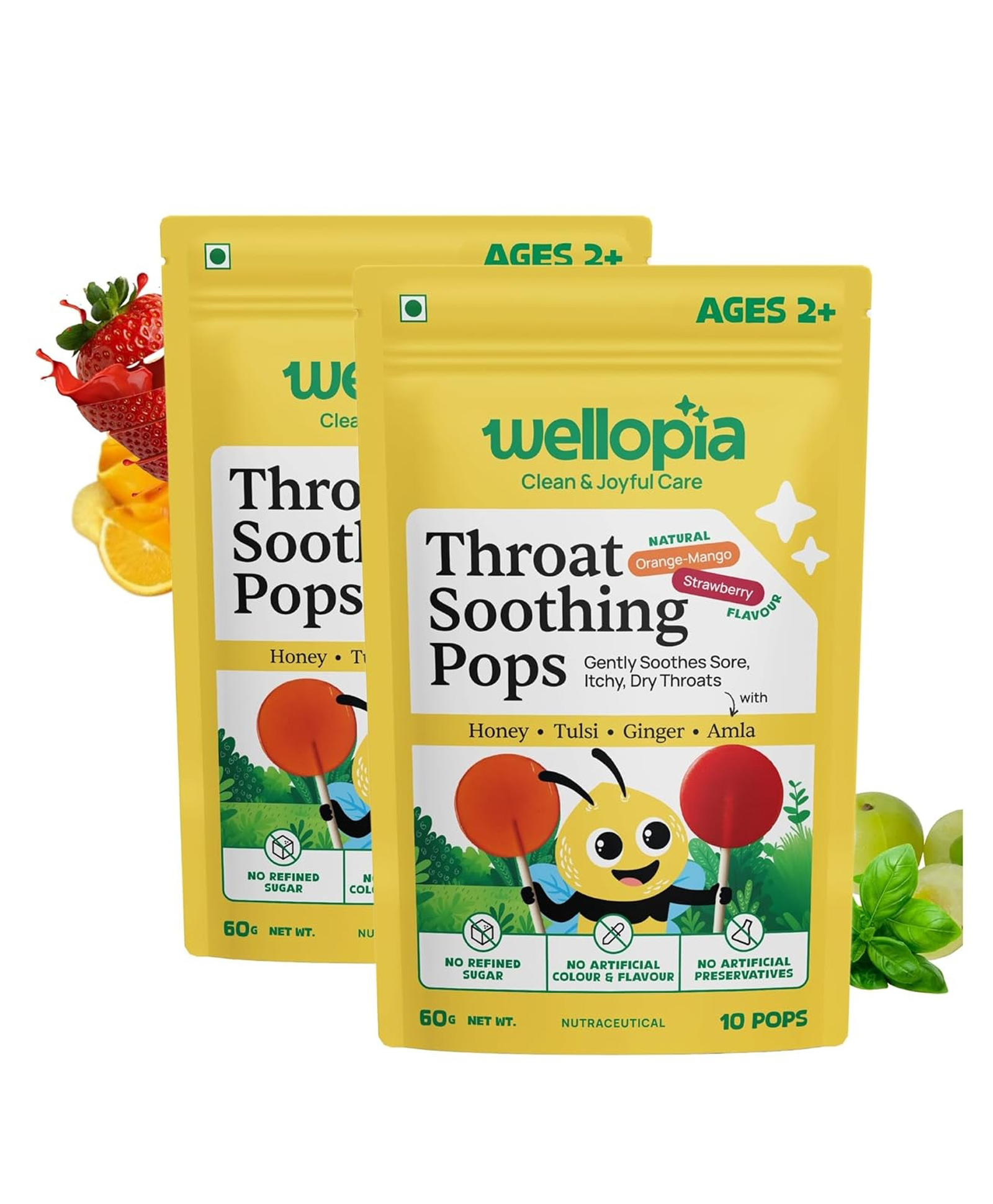 Wellopia Kid's Throat Soothing Pops (Ages 2+) - 10Pops / Variety pack / Strawberry+ Mango-Orange (Pack of 2)-image-31