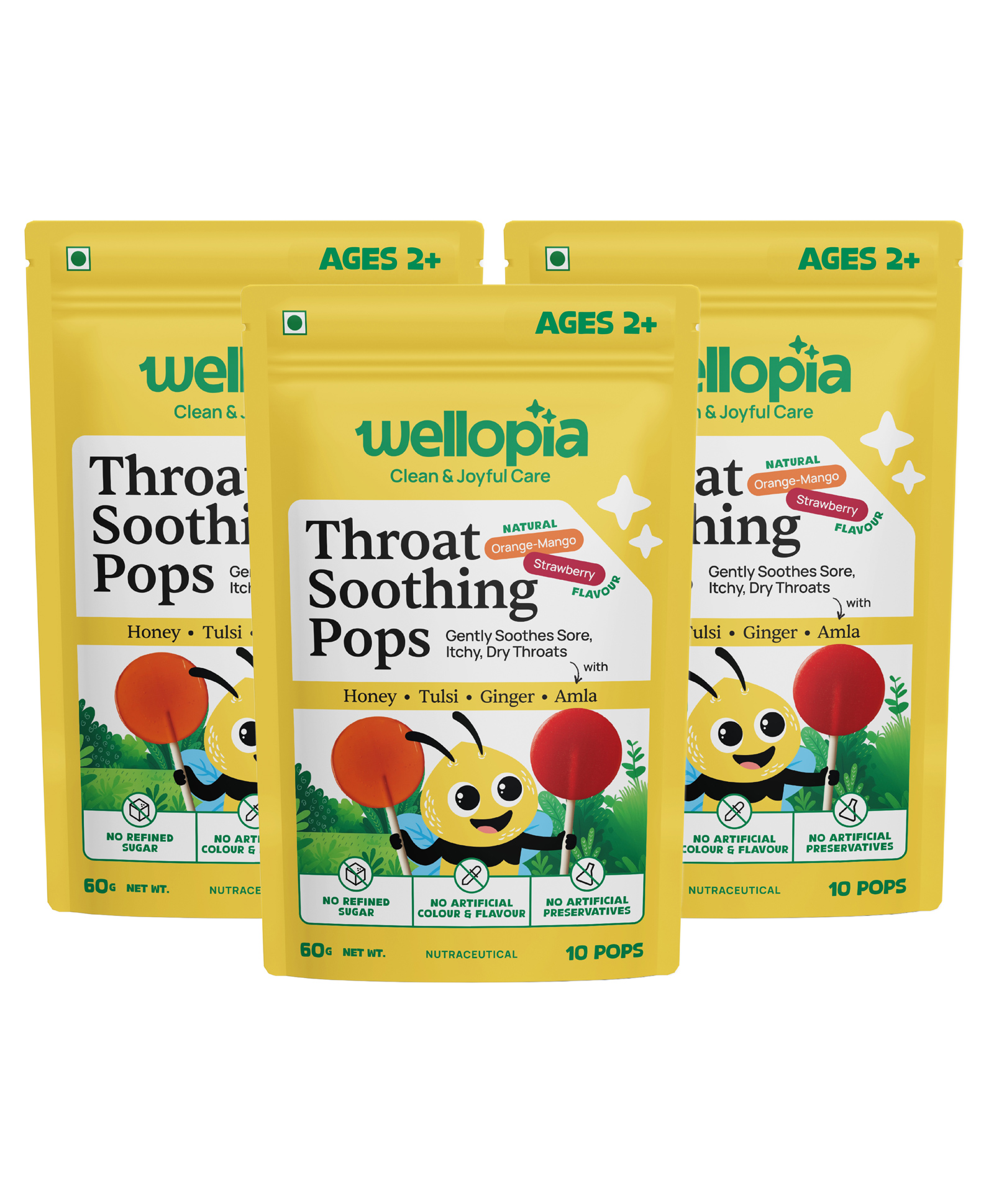 Wellopia Kid's Throat Soothing Pops (Ages 2+) - 10Pops / Variety pack / Strawberry+ Mango-Orange (Pack of 3)-image-32
