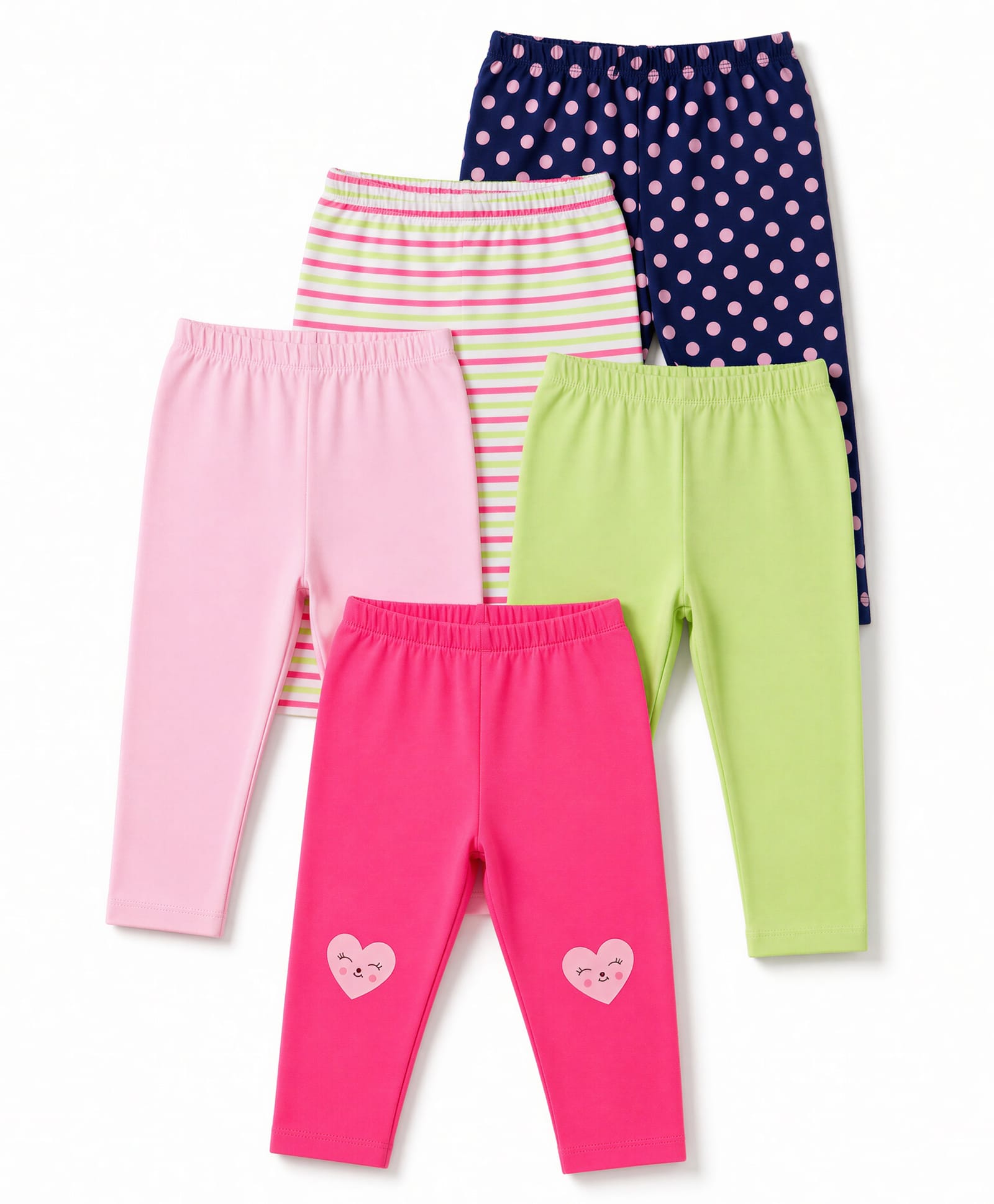 Babyhug Cotton Lycra Knit Full Length Polka Dots Solid & Striped Leggings Pack Of 5 - Dark Pink Navy Blue & Lime Green-image-21