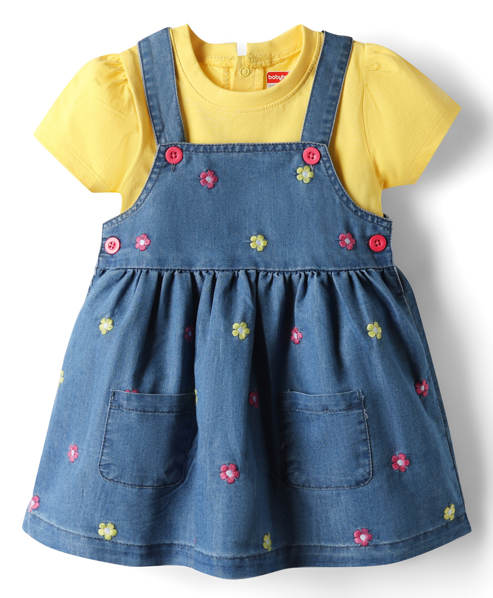 Babyhug Woven Half Sleeves Denim Frocks with Inner Tee & Floral Embroidery - Blue-image-9