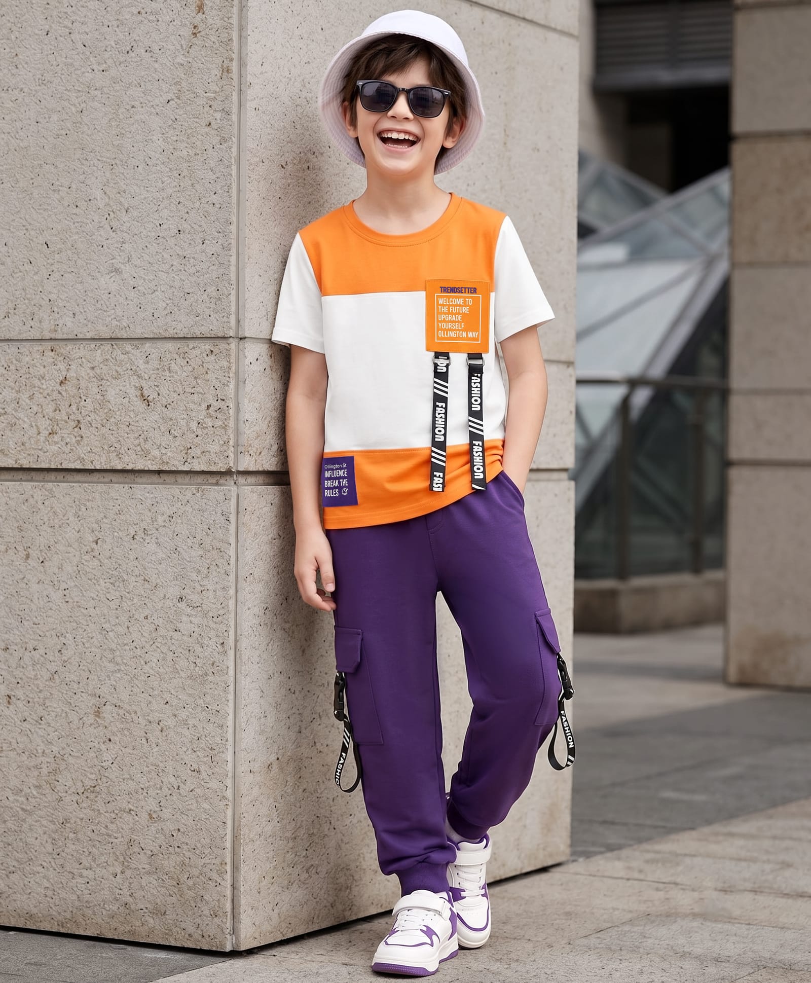 OLLINGTON ST. Cotton Sinker Knit Text Printed Half Sleeve T-Shirt & Joggers - White & Purple-image-40