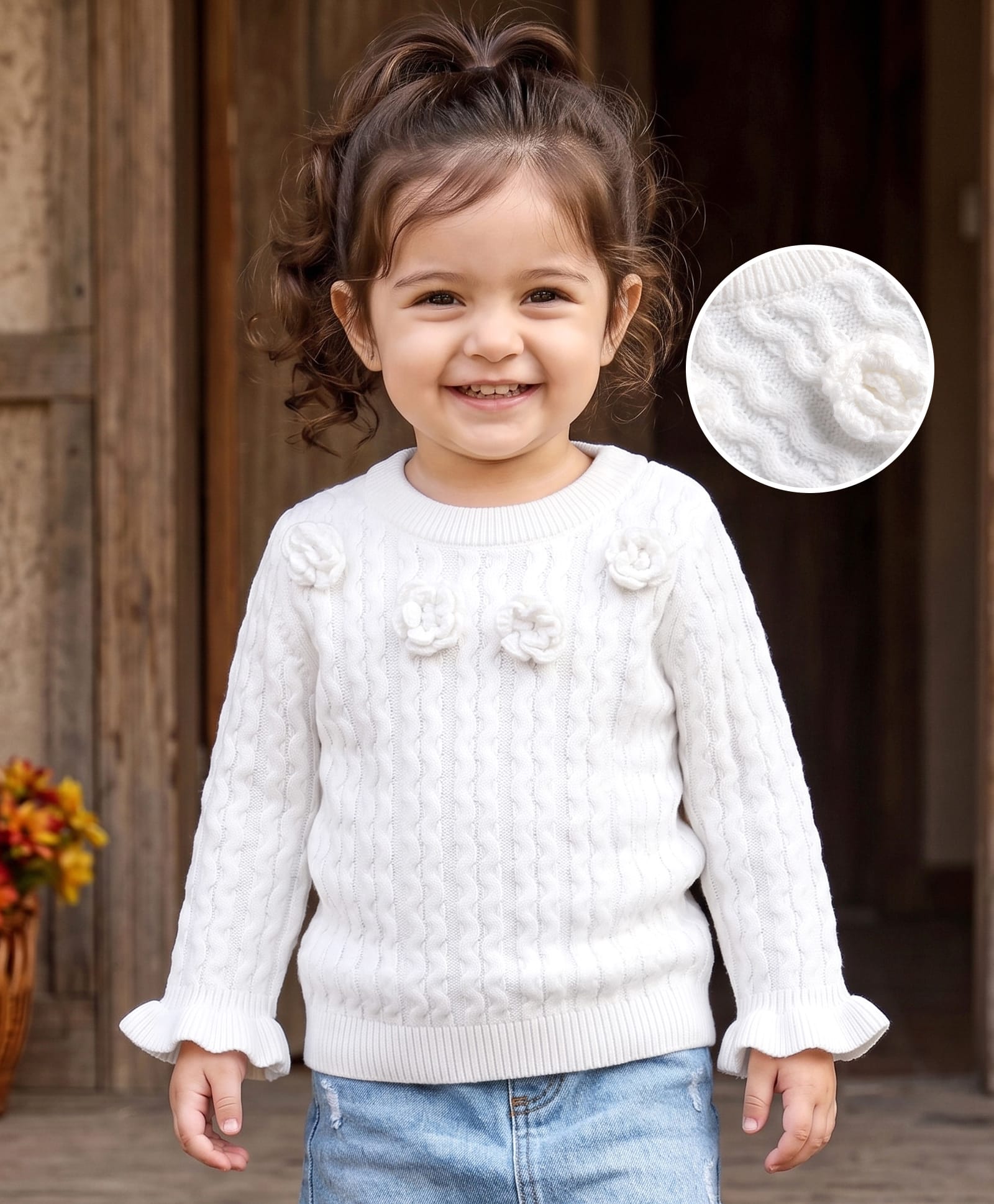 Babyhug Knit Full Sleeves Solid Colour Pullover with Cable Knit Design & Floral Applique-White-picture-11