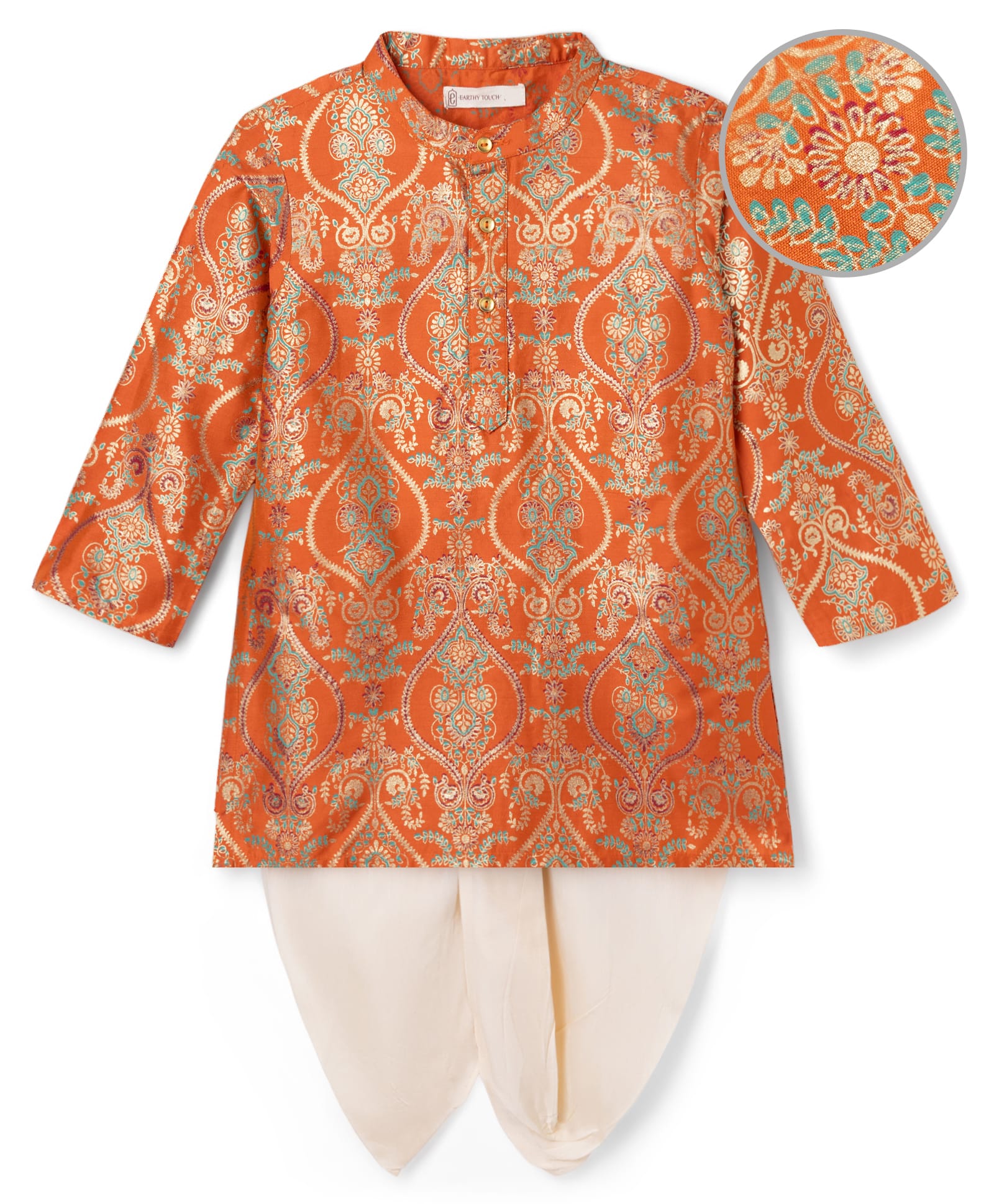EARTHY TOUCH Viscose Woven Full Sleeves Kurta Dhoti Set With Floral Foil Print - Orange-picture-27