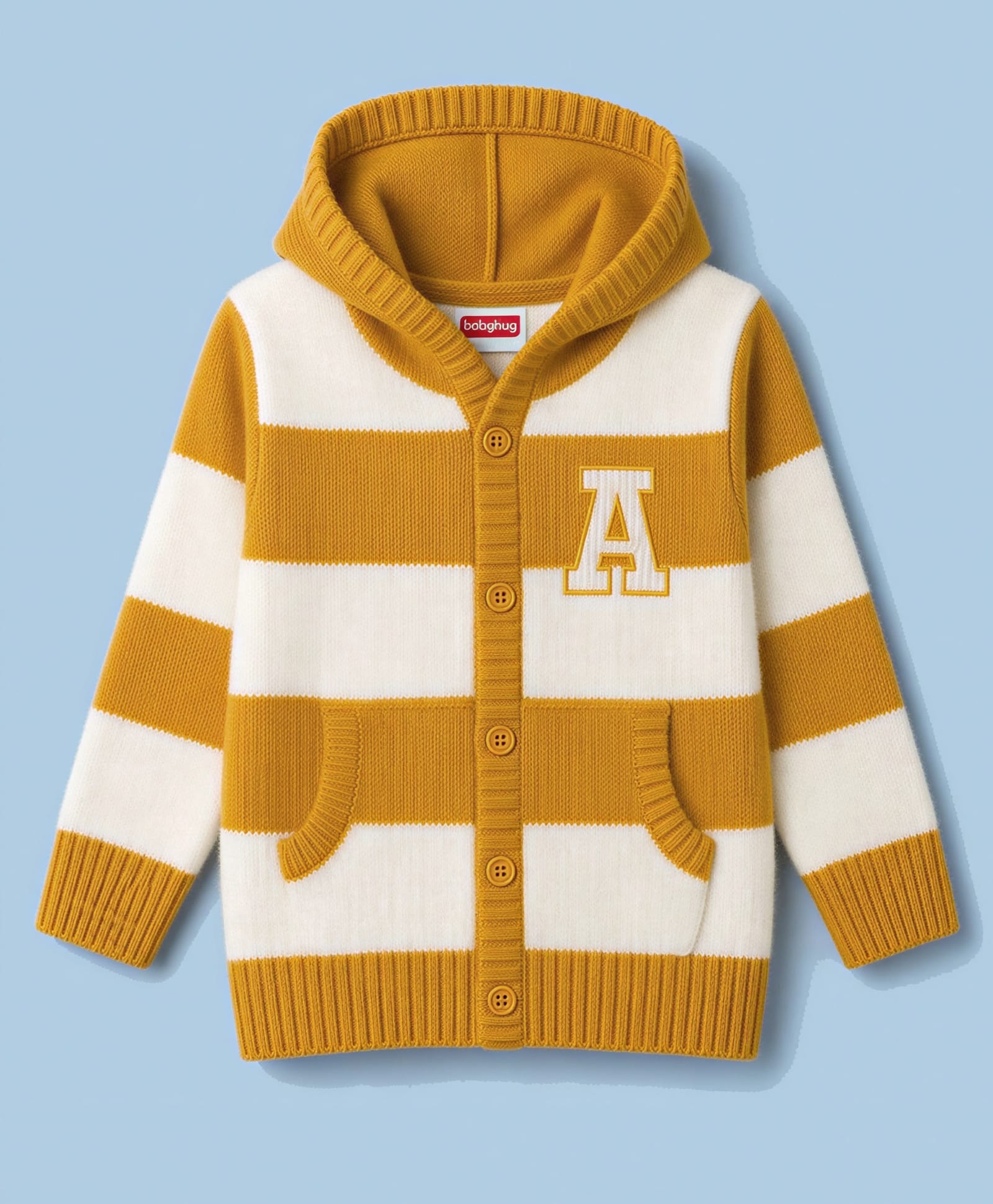 Babyhug Knit Full Sleeves Striped Hooded Front Open Sweater with Text Badge - Yellow-picture-24