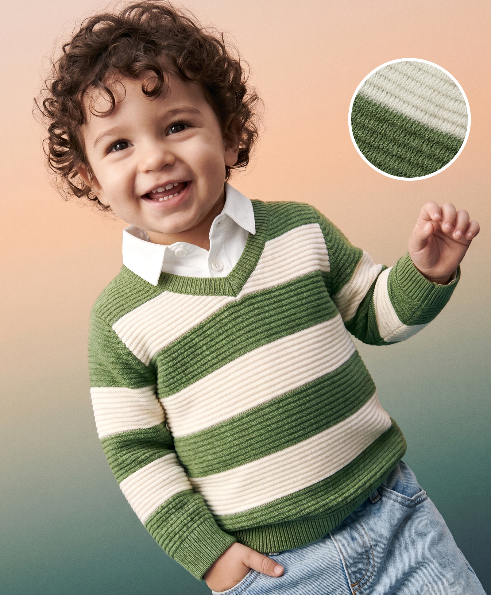 Babyhug Knit Full Sleeves Pullovers With Stripes - White & Olive Green-picture-18