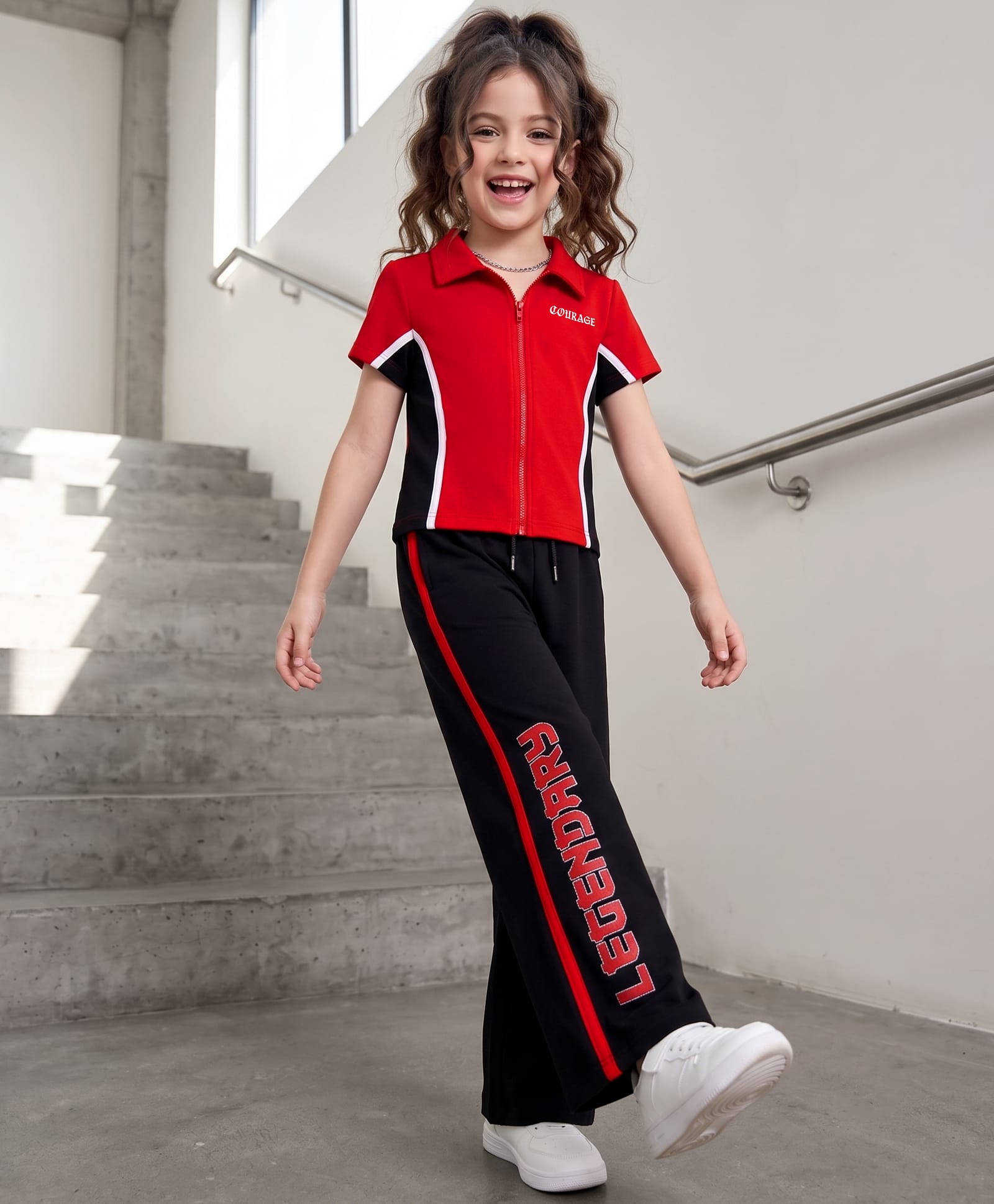 OLLINGTON ST. Cotton Looper Knit Half Sleeve Polo Top & Joggers - Red & Black-image-1
