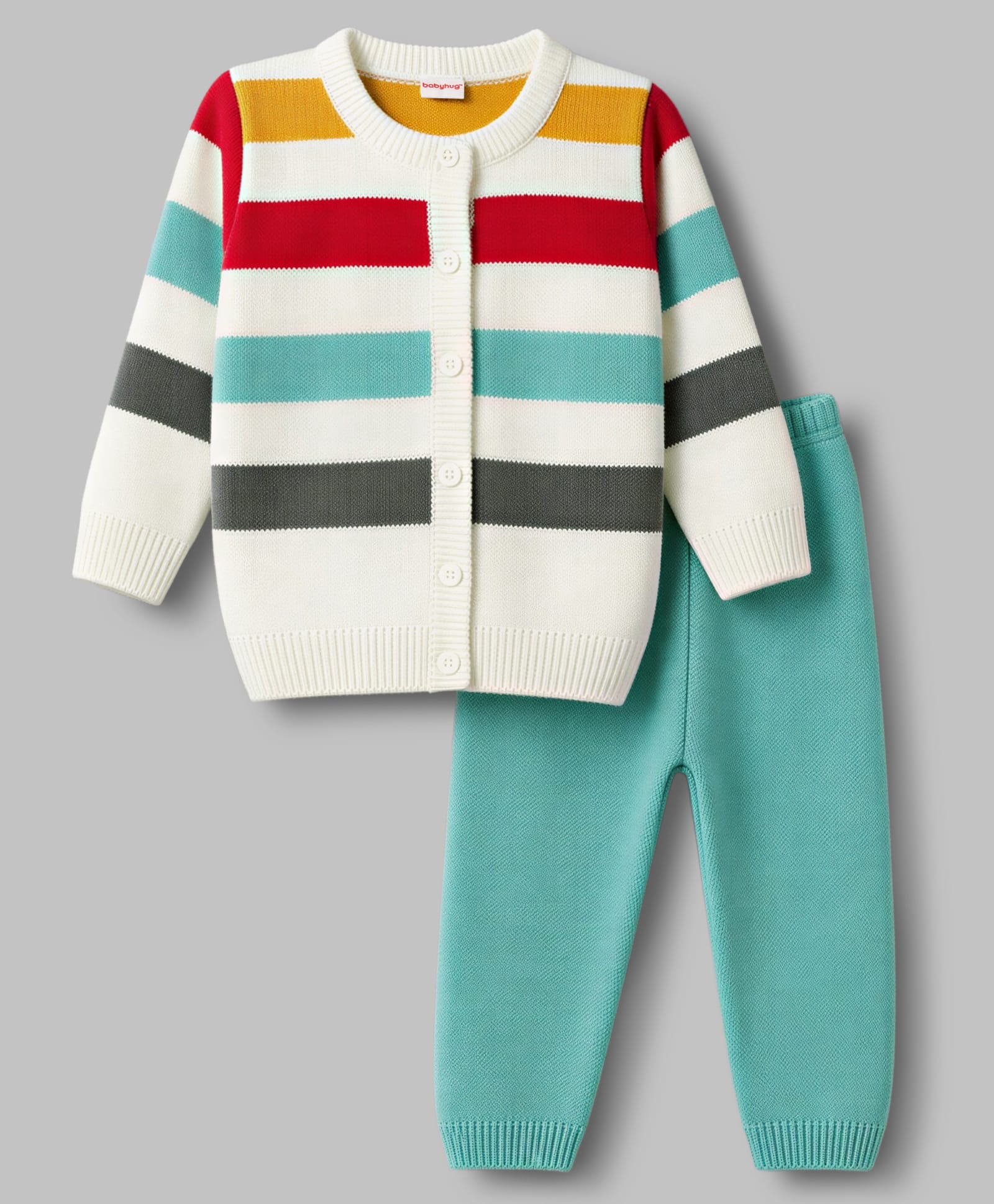 Babyhug Knit Full Sleeves Front Open Sweater Set with Stripes - White-picture-15