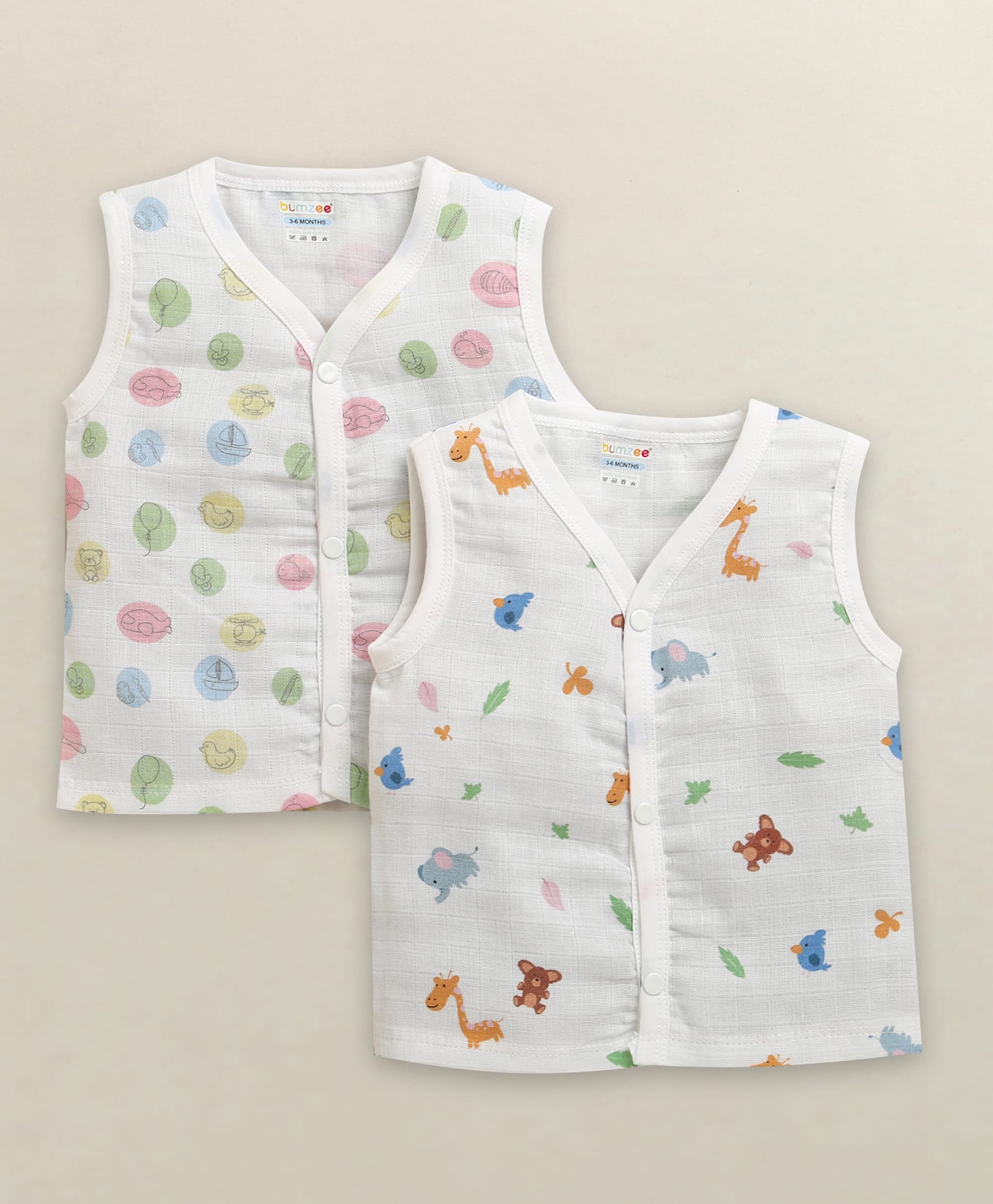 BUMZEE Muslin Woven Pack of 2 Sleeveless Jungle Theme Printed Jablas - White-picture-14