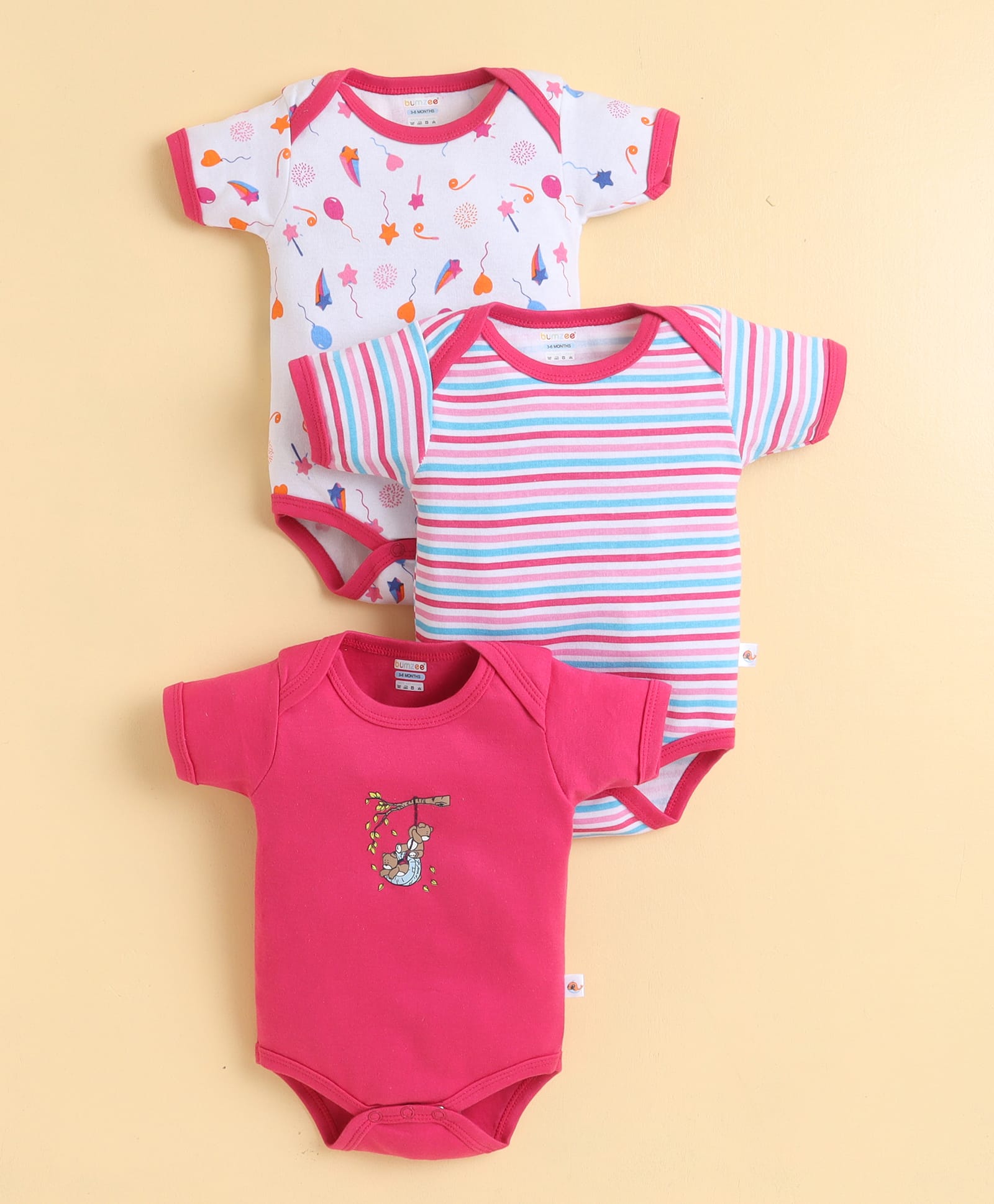 BUMZEE Cotton Knit Pack of 3 Half Sleeves Striped & Balloons Printed Onesies - Pink & White-picture-19