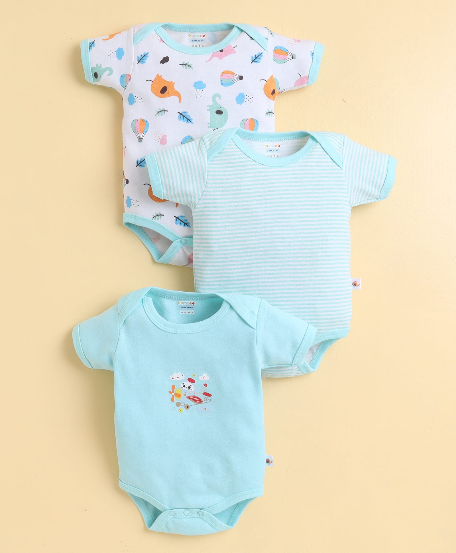 BUMZEE Cotton Knit Pack of 3 Half Sleeves Striped & Elephant Printed Onesies - Mint & White-image-19