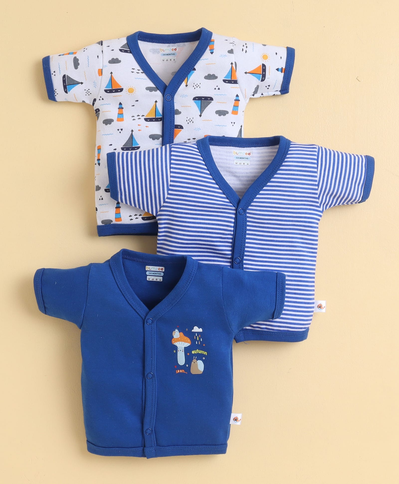 BUMZEE Cotton Knit Pack of 3 Half Sleeves Striped & Nautical Printed Jablas - Royal Blue & White-image-5