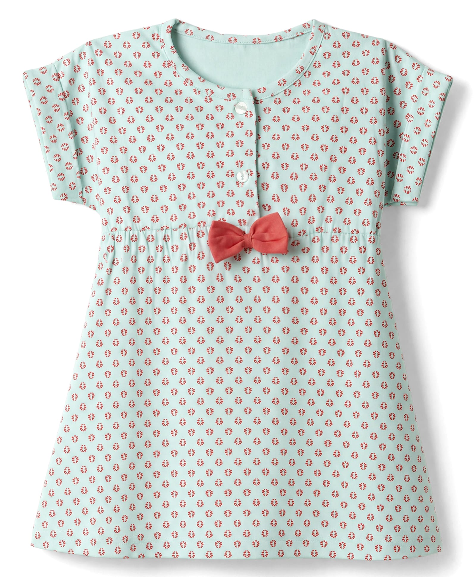 Zero Sinker Knit Half Sleeves One Piece Dress With Floral Print & Bow Applique - Mint-picture-19