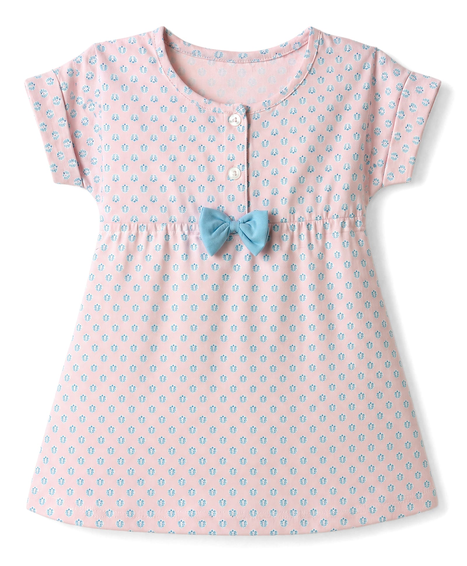 Zero Sinker Knit Half Sleeves One Piece Dress With Floral Print & Bow Applique - Pink-picture-32