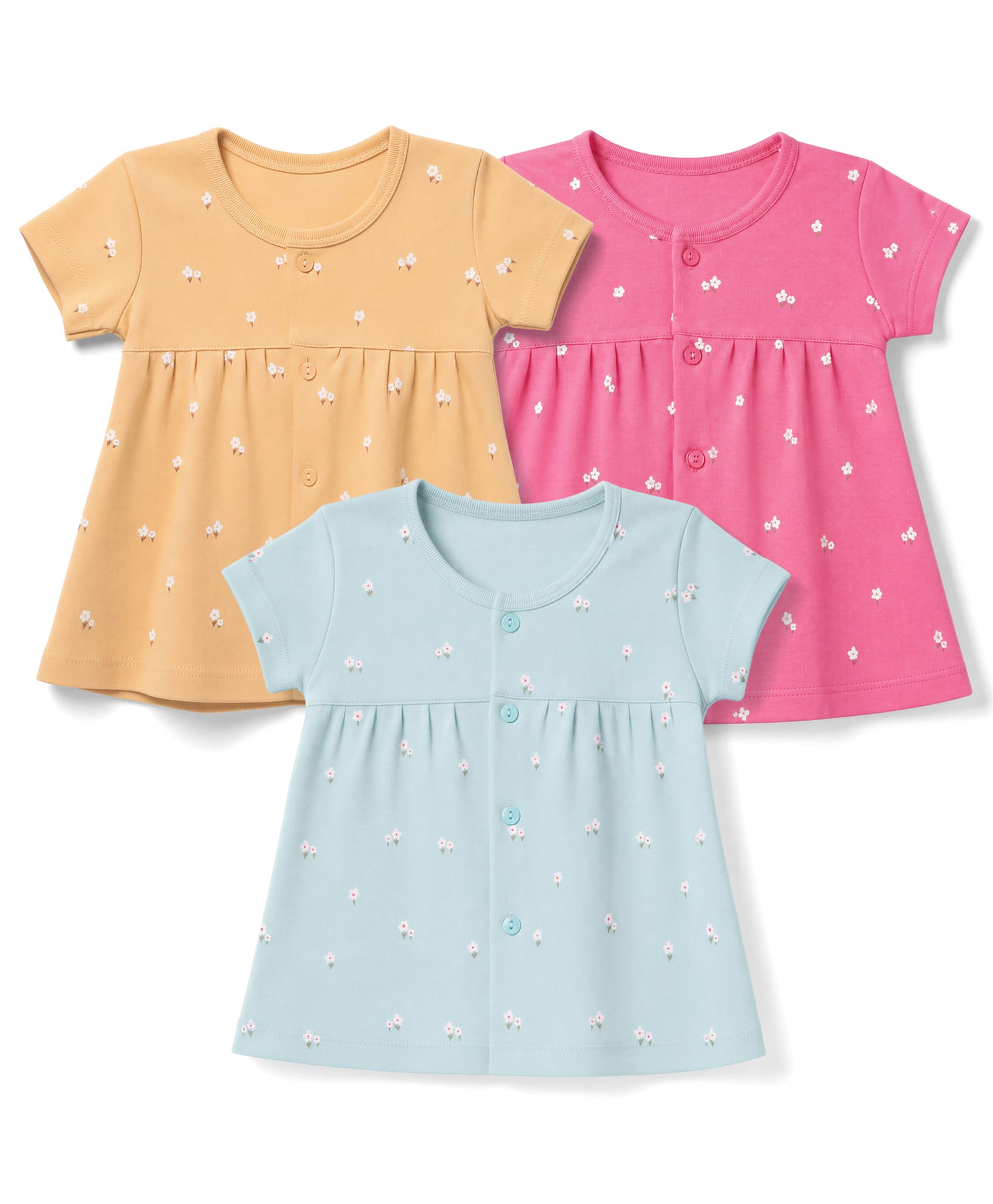 Zero Sinker Knit Half Sleeves Frocks with Floral Print Pack of 3 - Blue, Pink and Mustard-picture-40