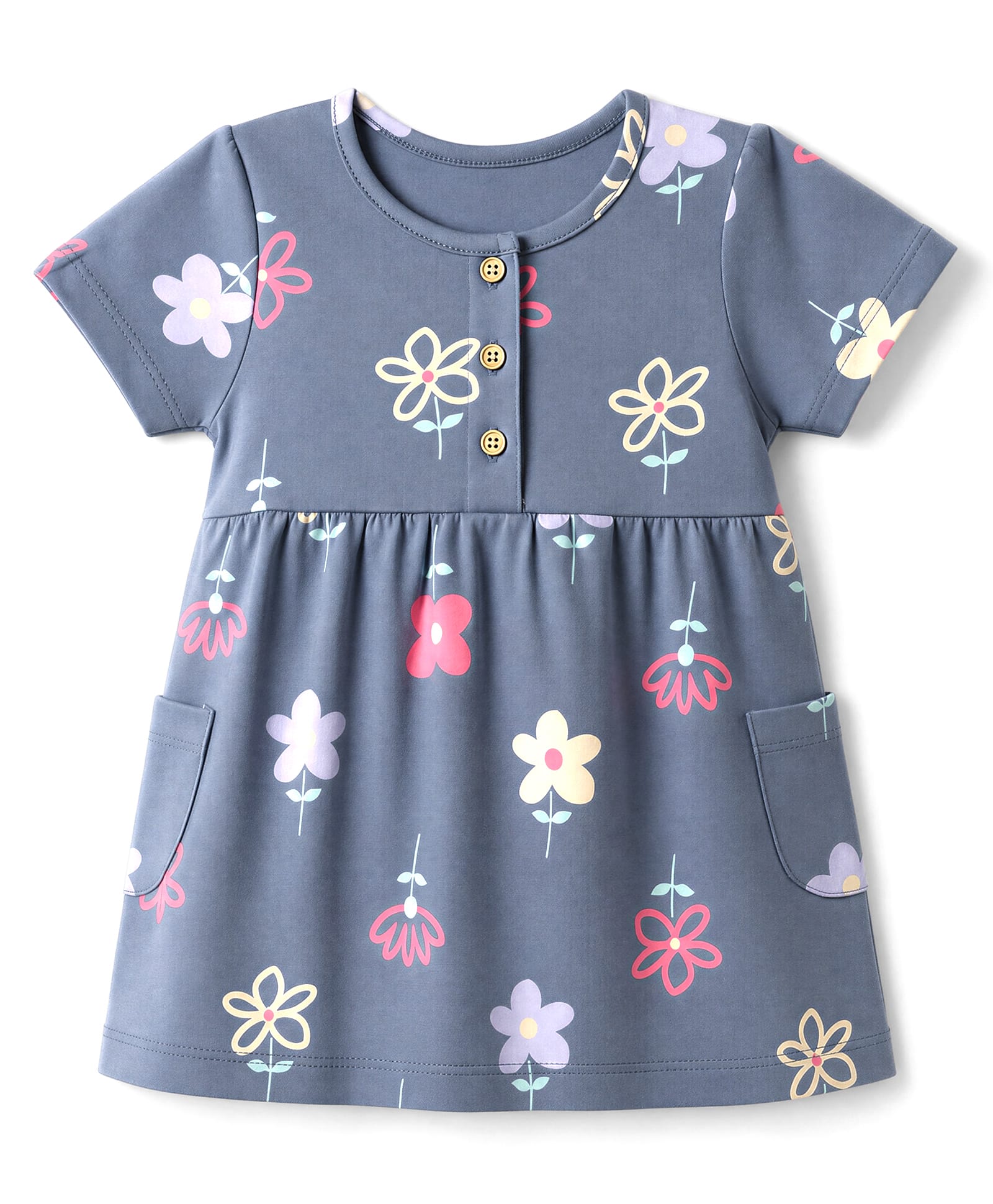 Zero Sinker Knit Half Sleeves One Piece Dress with Floral Print - Blue-picture-34