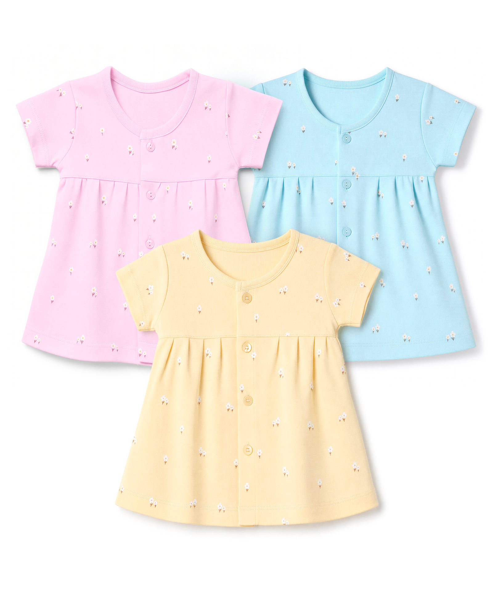 Zero Sinker Knit Half Sleeves One Piece Dresses with Floral Print Pack of 3 - Pink, Blue & Orange-picture-39