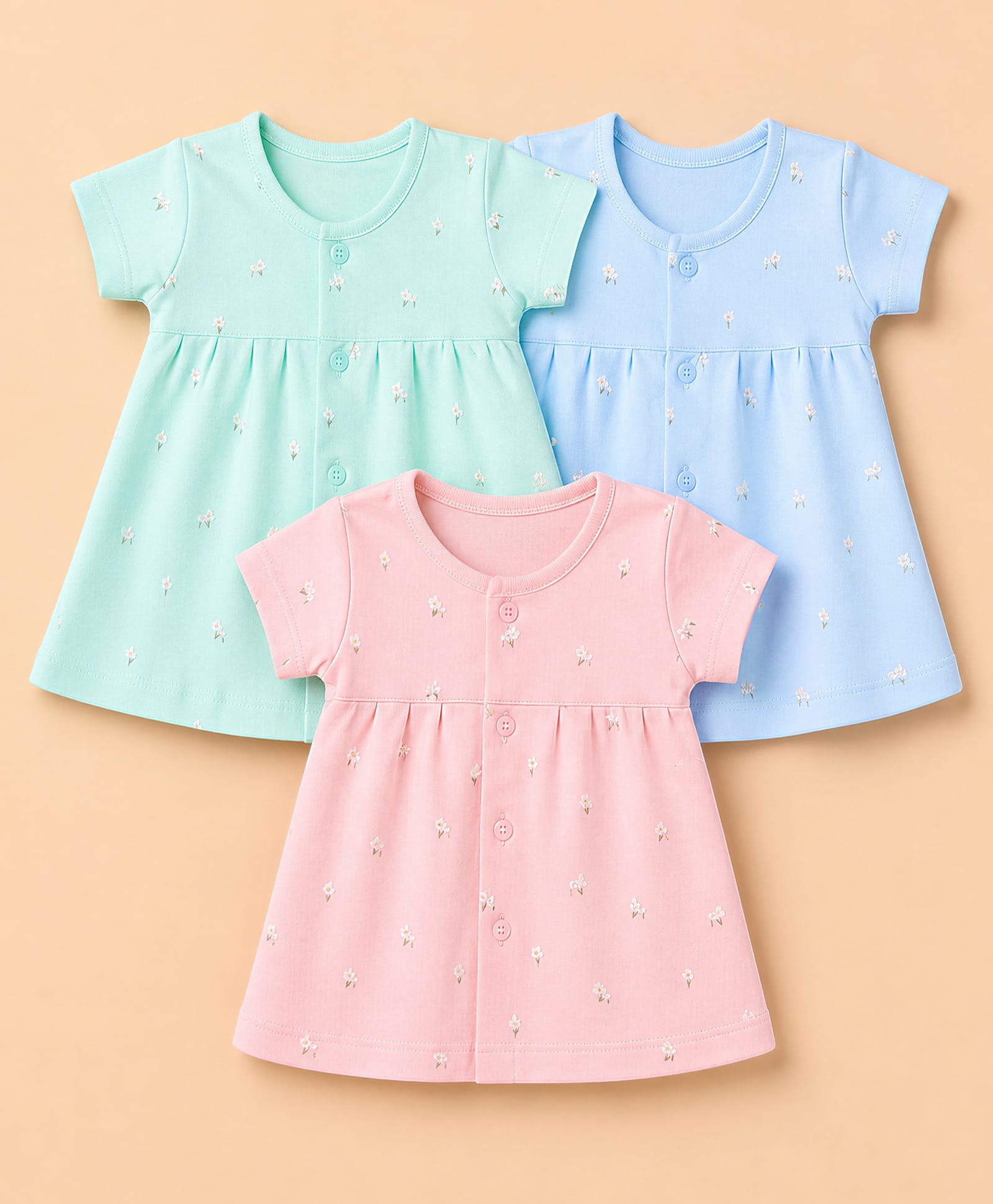Zero Sinker Knit Half Sleeves One Piece Dress With Floral Print Pack of 3 - Peach, Light Blue Blue & Peach-picture-13