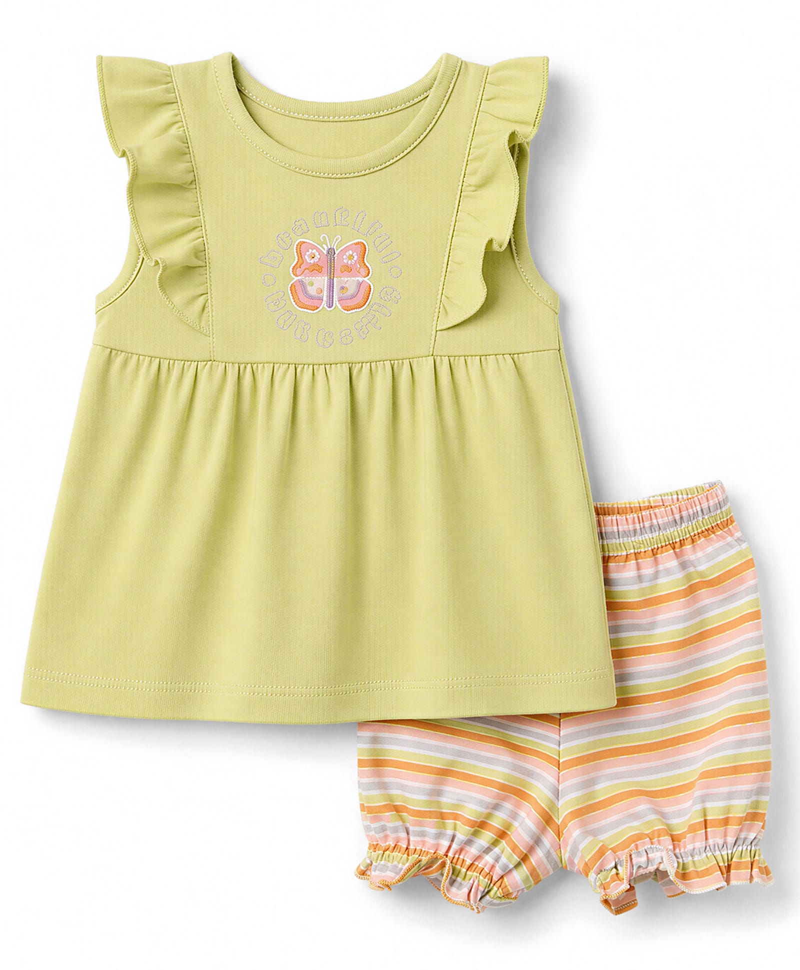 Zero Sinker Knit Half Sleeves T-Shirt With Butterfly Embroidery & Striped Shorts - Limegreen-image-29