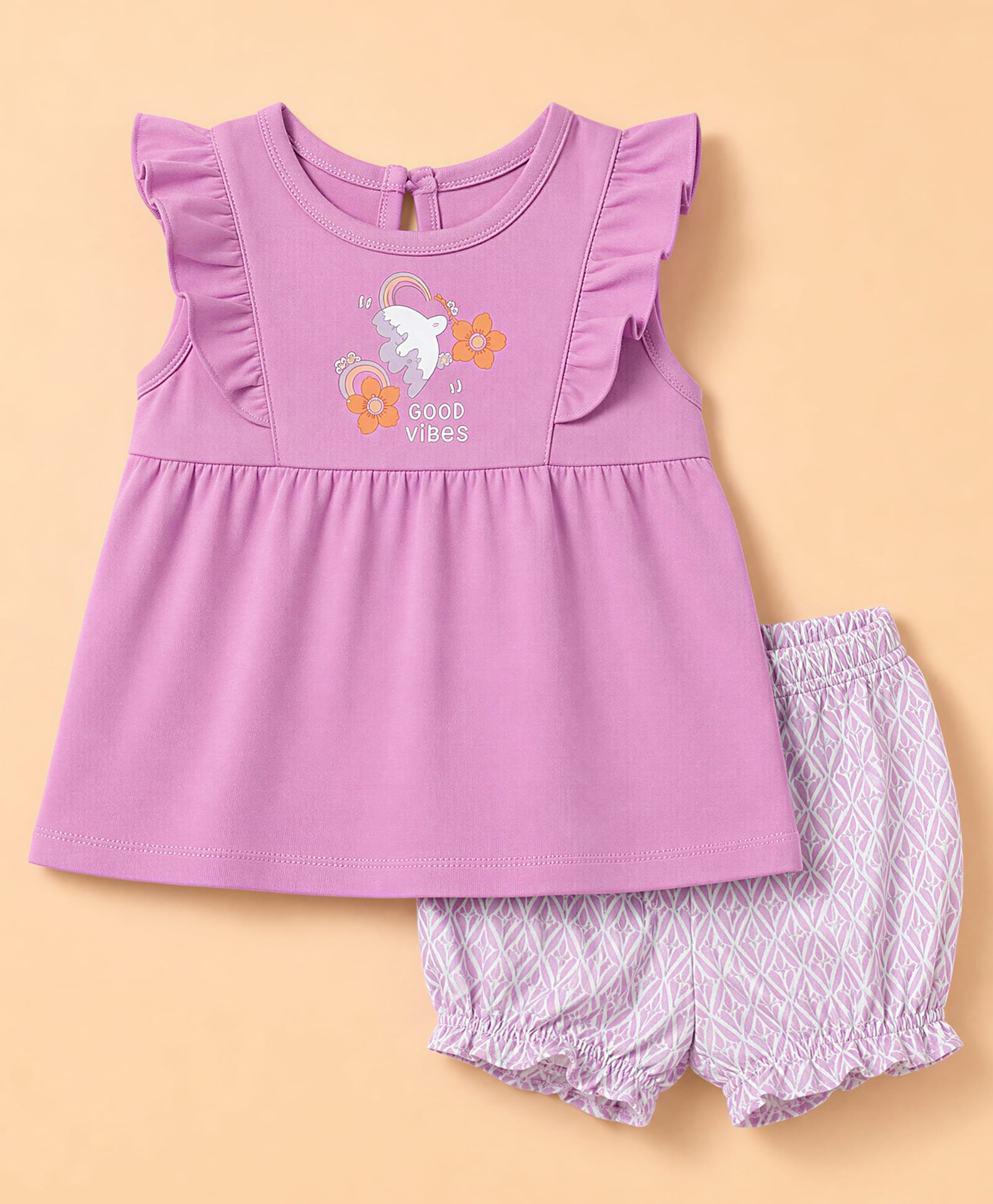 Zero Sinker Knit Half Sleeves T-Shirt With Floral Print & Shorts - Violet-picture-0