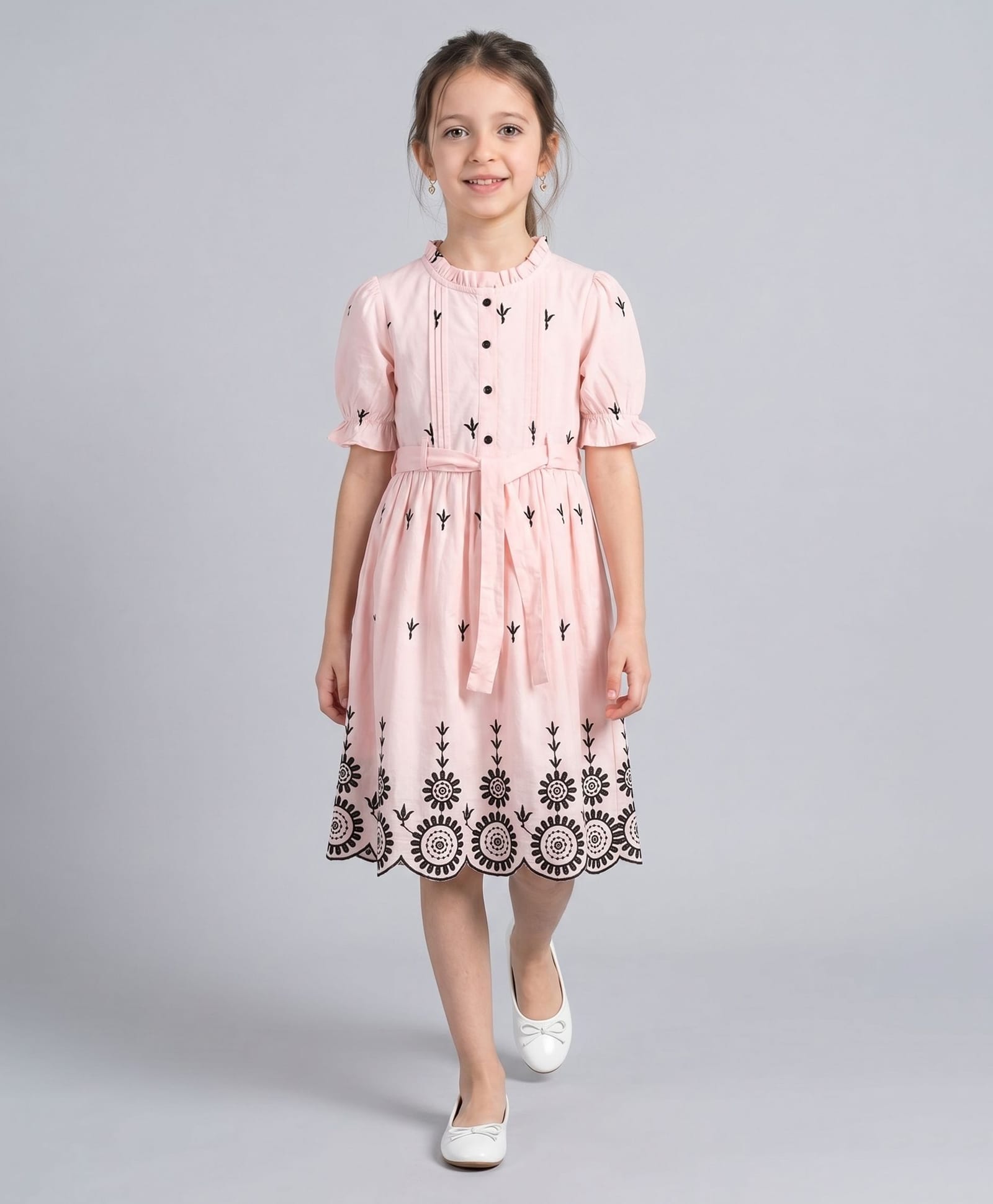Bella Moda Cotton Woven Half Peasant Sleeves Floral Embroidered Dress - Pink-image-39