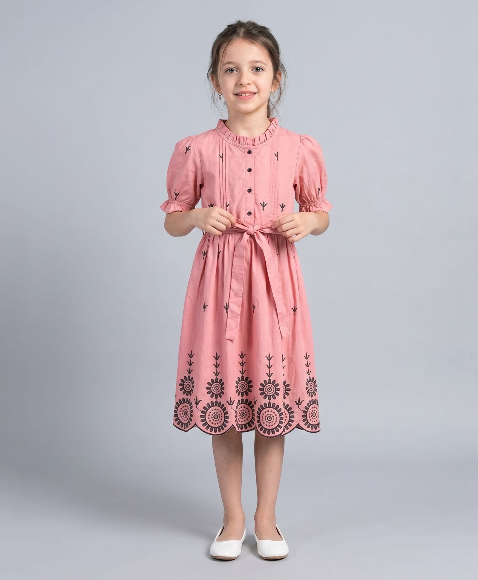 Bella Moda Cotton Woven Half Peasant Sleeves Floral Embroidered Dress - Pink-image-21