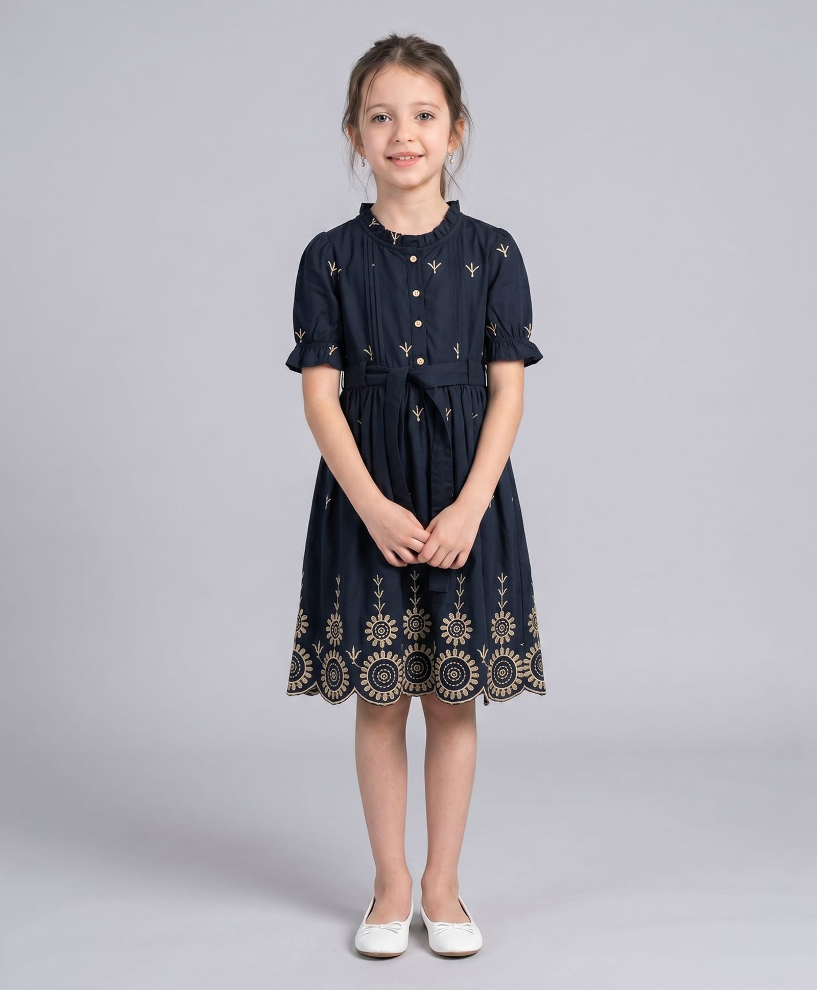 Bella Moda Cotton Woven Half Peasant Sleeves Floral Embroidered Dress - Navy Blue-image-33