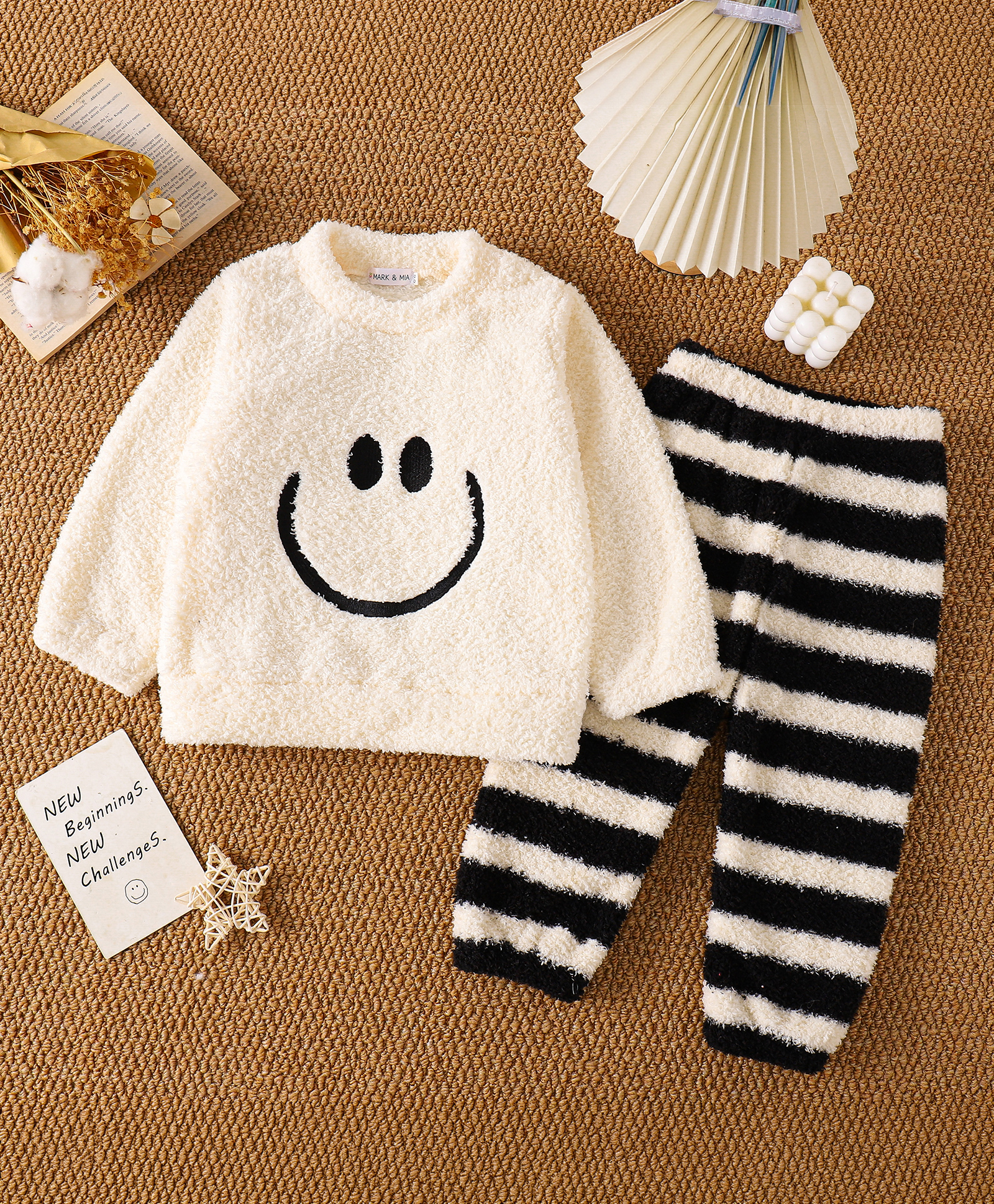 Mark & Mia Full Sleeves T-Shirt & Striped Pyjama Winter Wear Night Suit with Smiley Print -Black & White-image-18