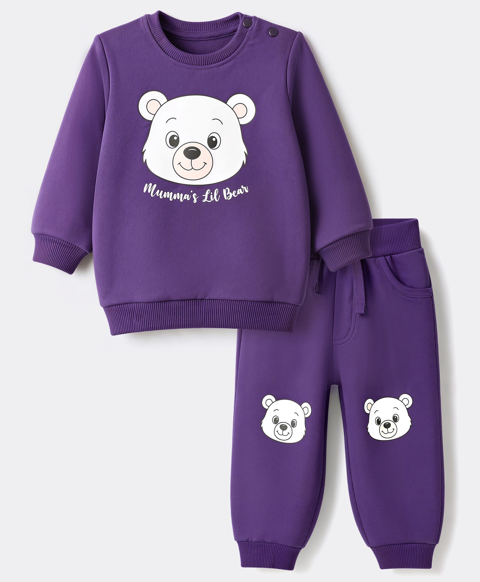 Doodle Poodle 100% Cotton Looper Terry Knit Full Sleeves Winter Wear Suit With Bear Print - Purple-image-22
