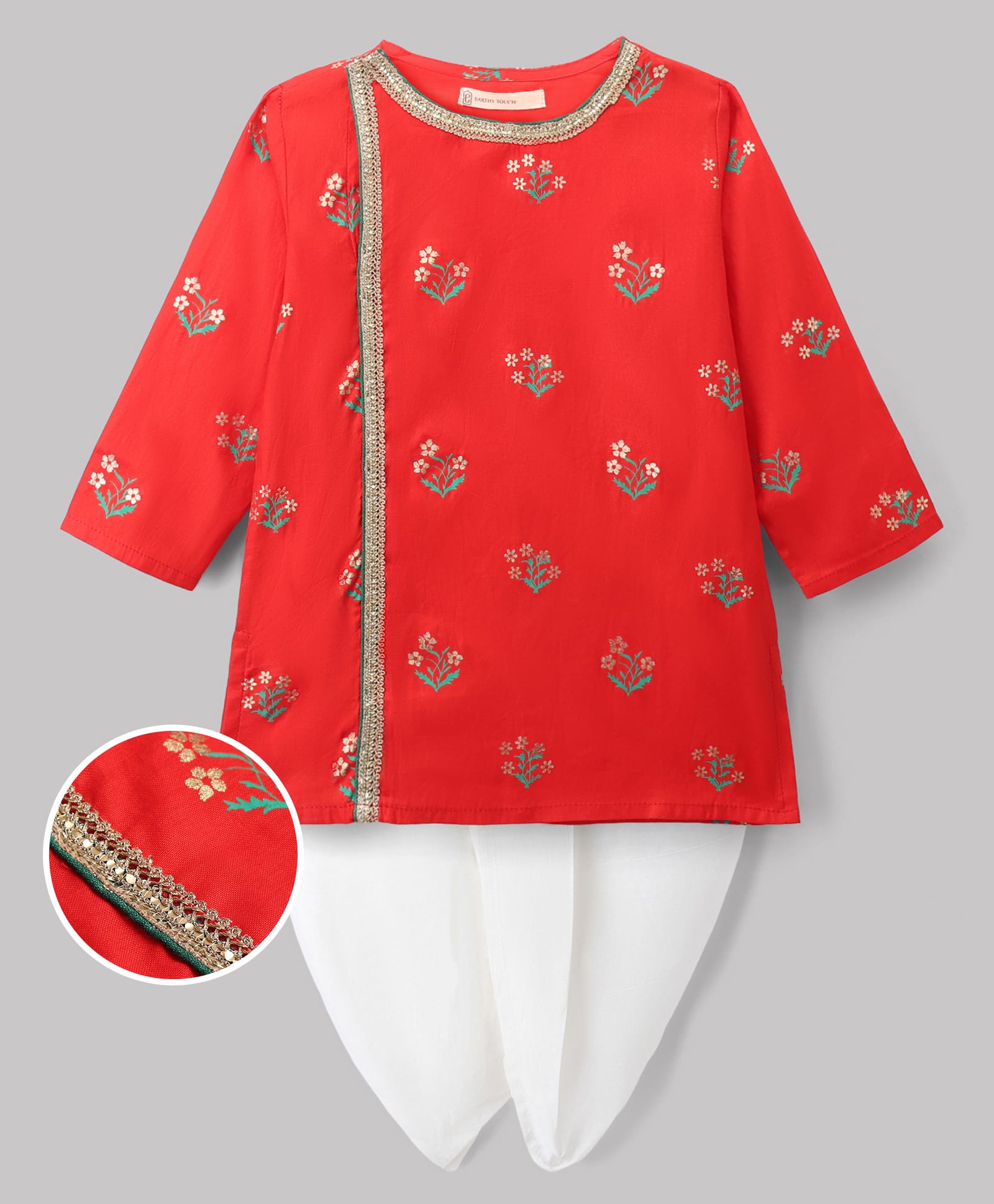 EARTHY TOUCH Cotton Blend Woven Full Sleeves Dhoti Kurta Set With Floral Foil Print & Lace Detailing - Red-picture-21