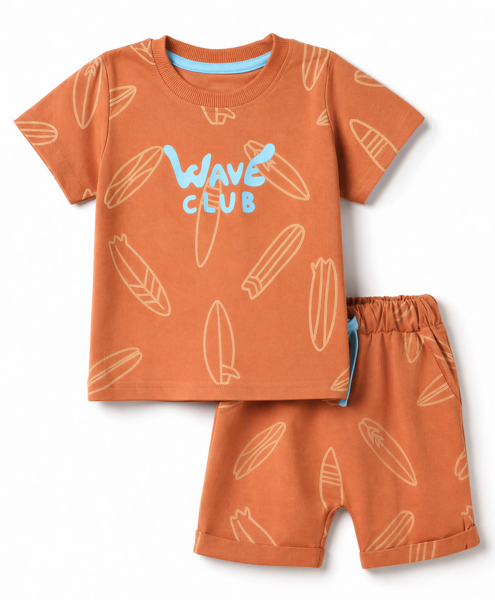 Zero Sinker Knit Half Sleeves Wave Club Text Printed T-Shirt & Shorts Co-Ords Set - Orange-picture-24