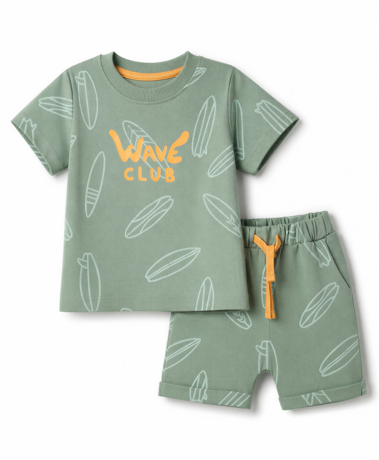 Zero Sinker Knit Half Sleeves Wave Club Text Printed T-Shirt & Shorts Co-Ords Set - Green-image-37