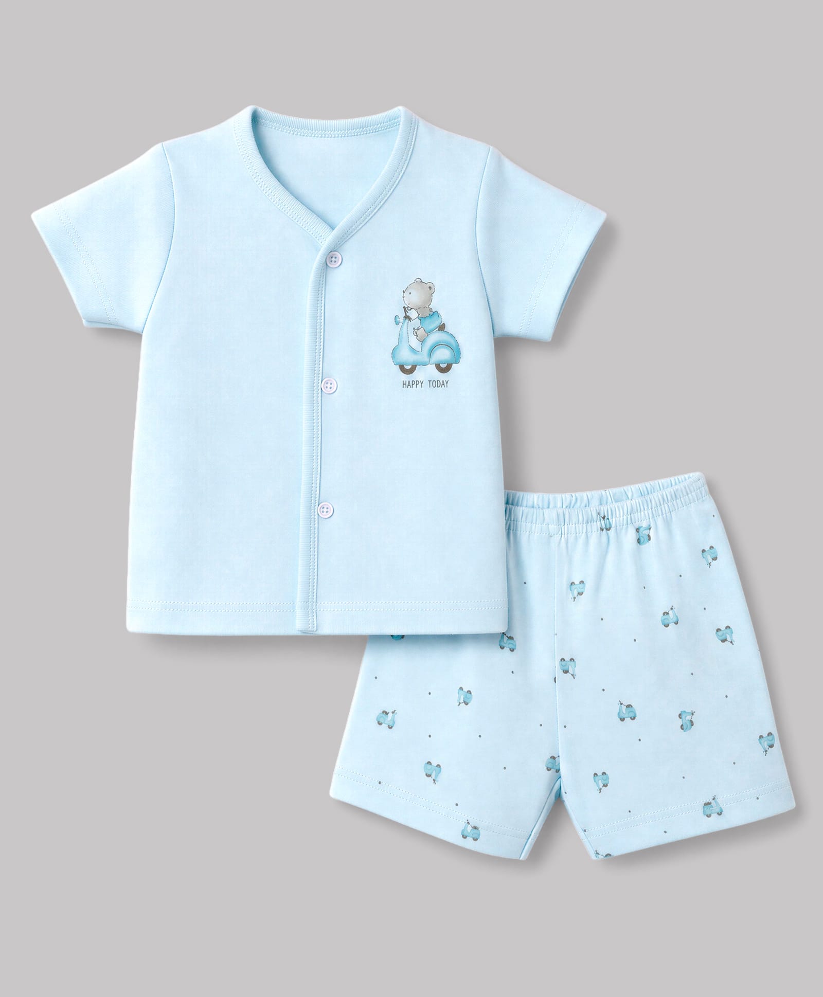 Zero Sinker Knit Full Sleeves T-Shirt & Shorts Night Suit with Bear & Scooter Print - Sea Green-picture-16
