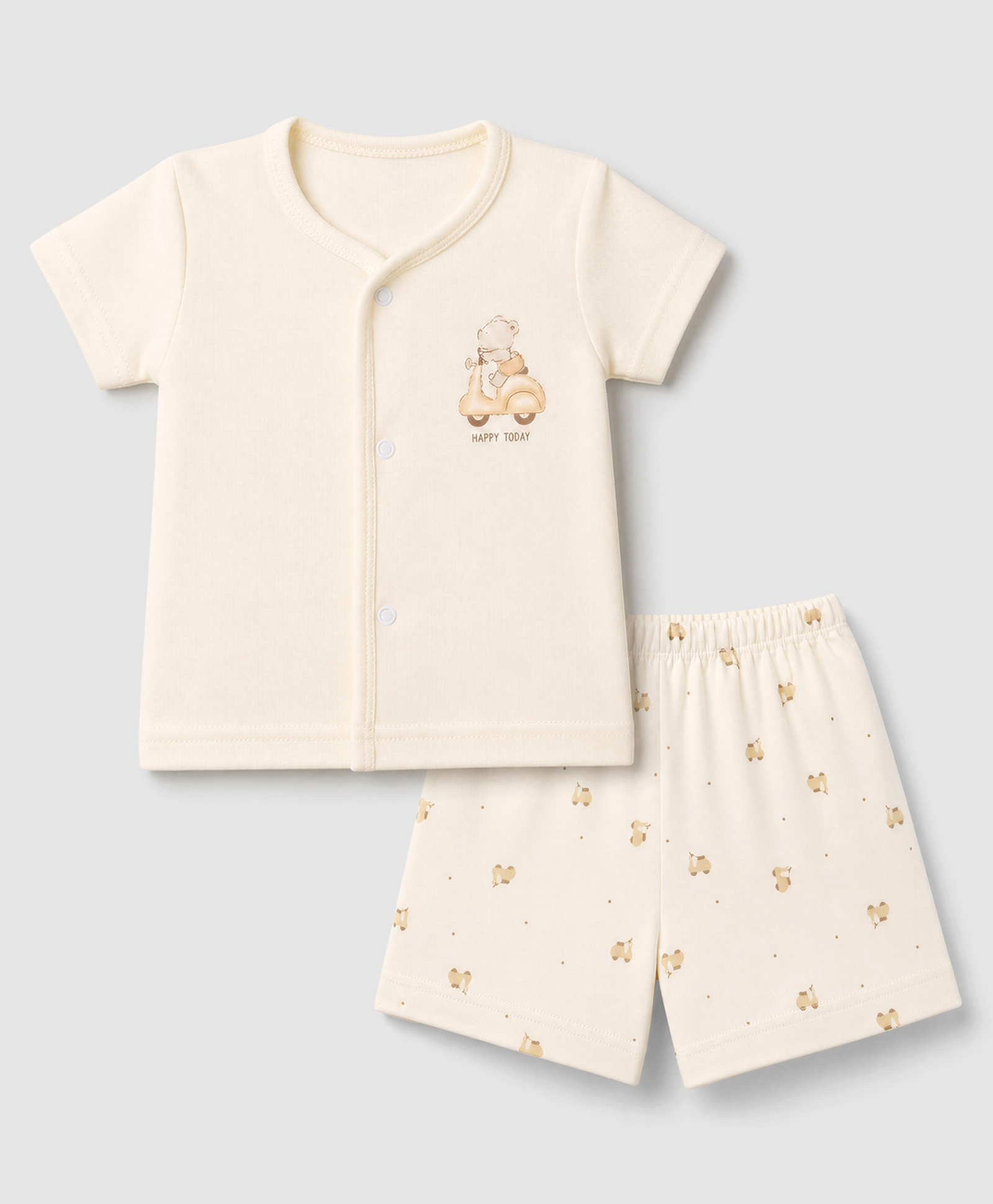 Zero Sinker Knit Full Sleeves T-Shirt & Shorts Night Suit with Bear & Scooter Print - Cream-picture-47