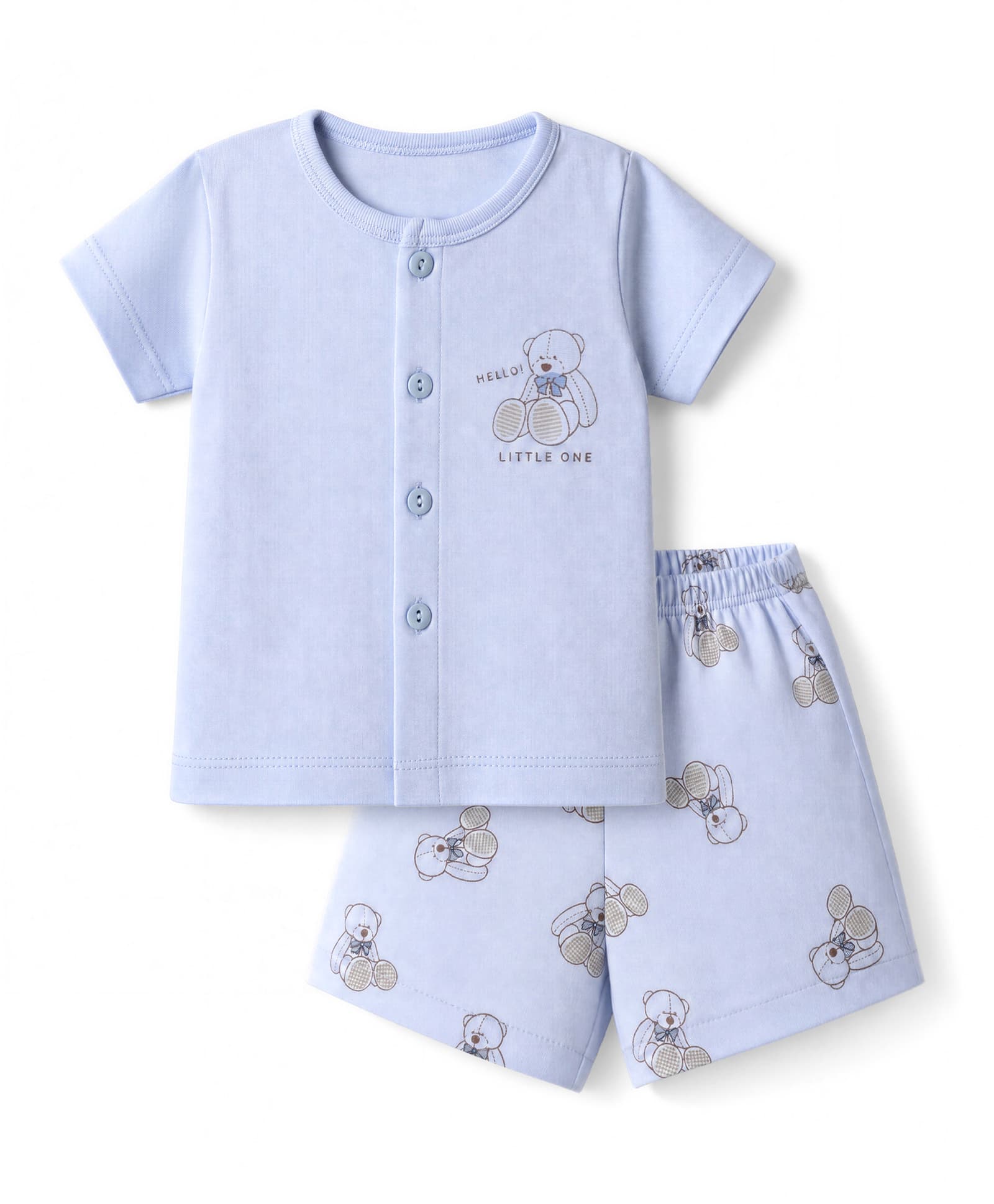 Zero Sinker Knit Half Sleeves T-Shirt & Shorts Night Suit with Teddy Bear Print -Sky Blue-picture-45