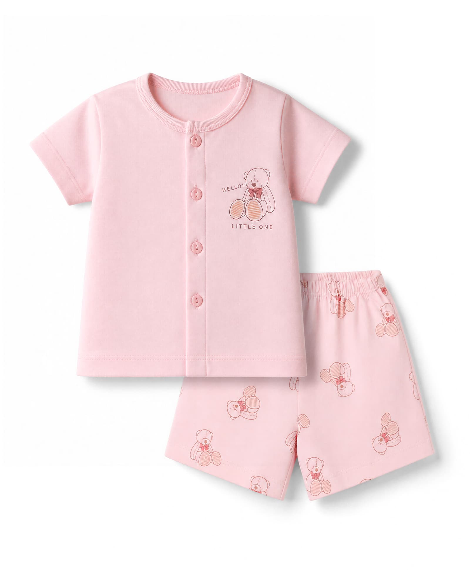 Zero Sinker Knit Half Sleeves T-Shirt & Shorts Night Suit with Teddy Bear Print - Pink-picture-18