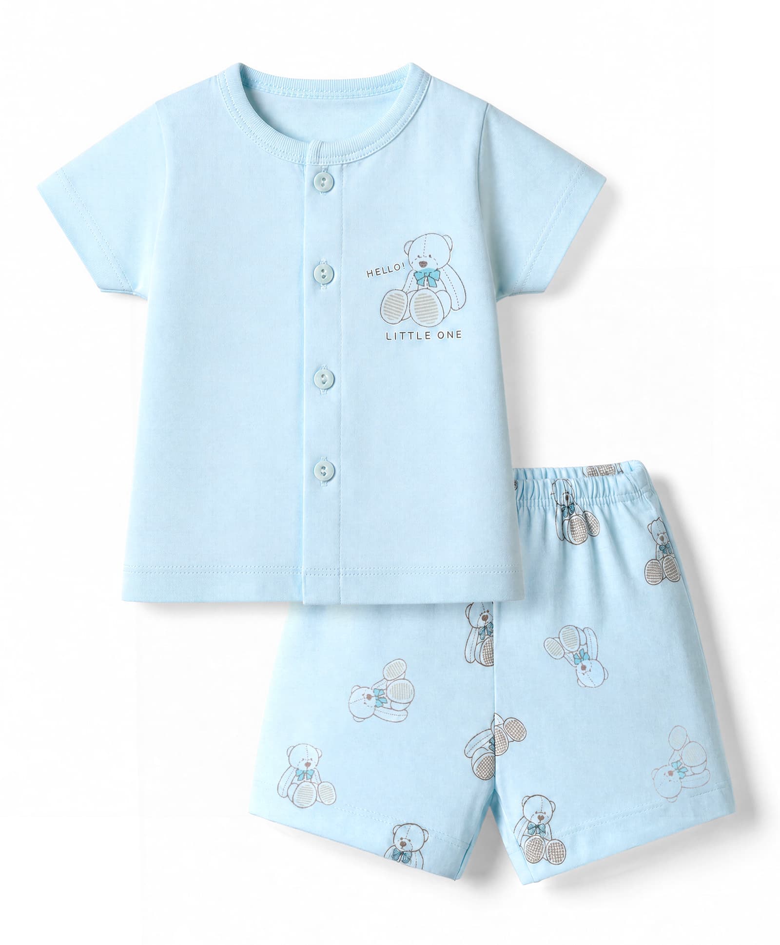 Zero Sinker Knit Half Sleeves T-Shirt & Shorts Night Suit with Teddy Bear Print - Light Blue-picture-32