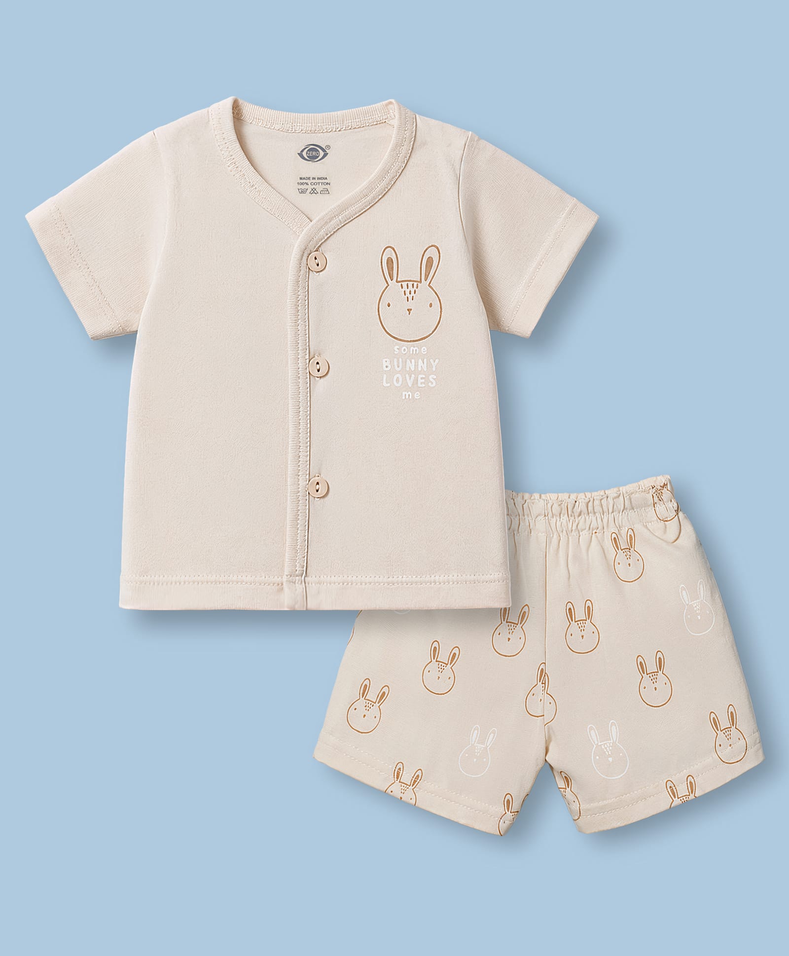 Zero Sinker Knit Half Sleeves T-Shirt & Shorts Night Suit With Bunny Print - Beige-picture-36