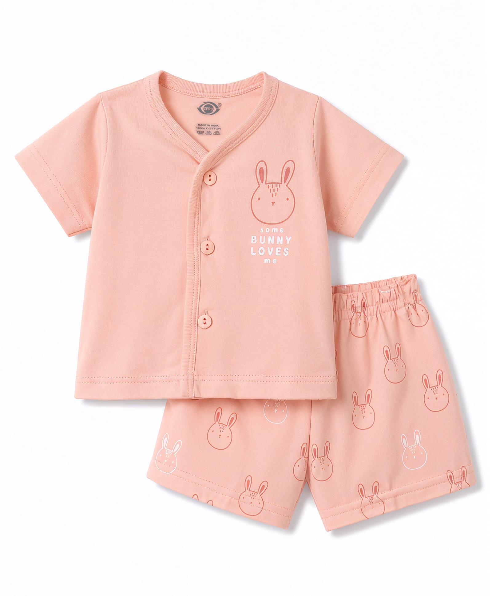 Zero Sinker Knit Half Sleeves T-Shirt & Shorts Night Suit With Bunny Print - Peach-picture-48