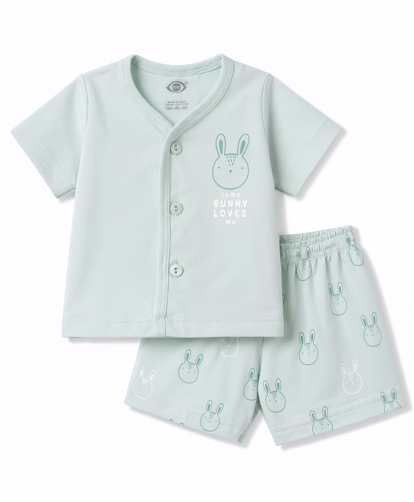 Zero Sinker Knit Half Sleeves T-Shirt & Shorts Night Suit With Bunny Print - Light Blue-picture-4