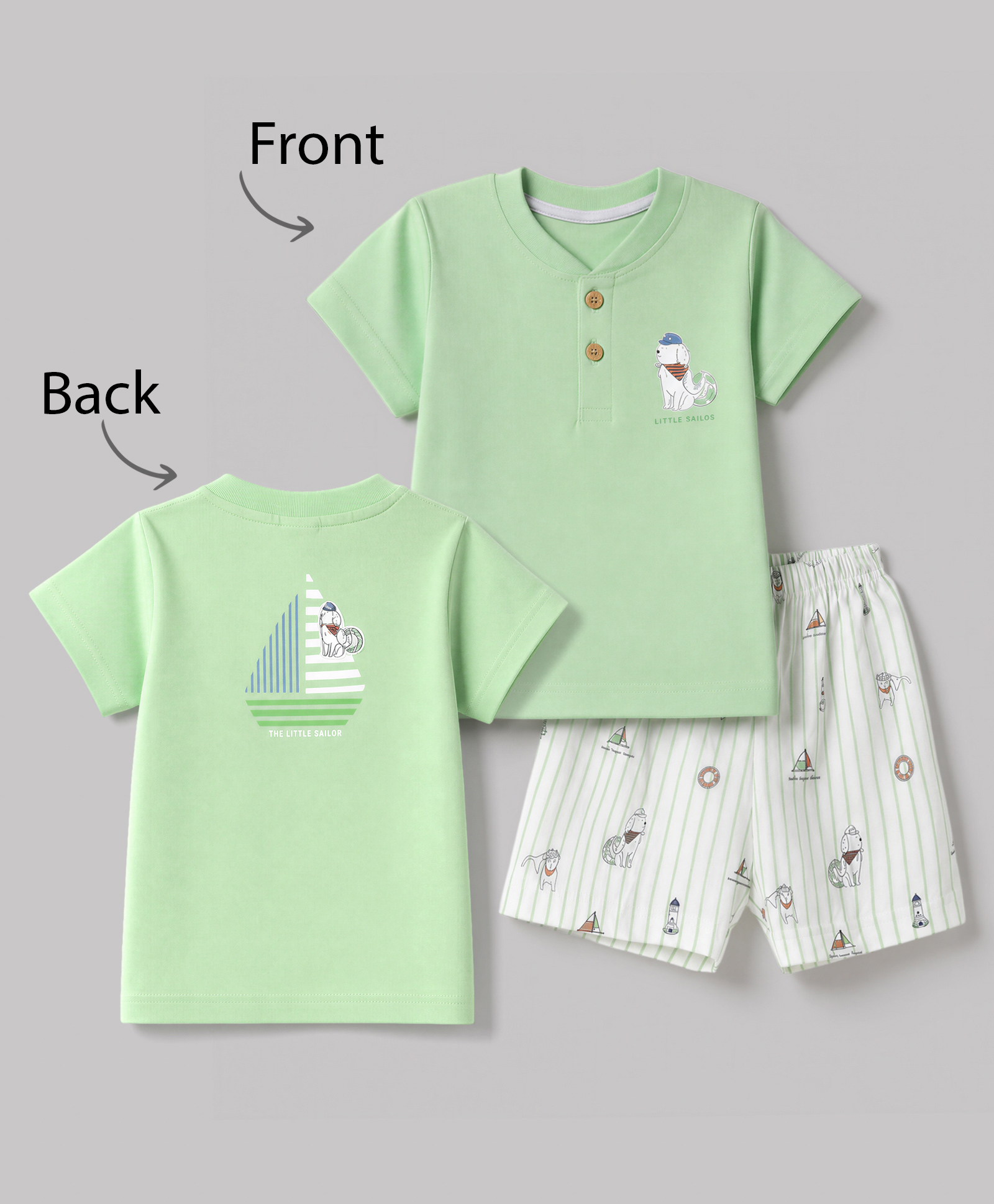Zero Sinker Knit Half Sleeves Front & Back The Little Sailor Dog Printed T-Shirt & Shorts Night Suit - Light Green & White-picture-12