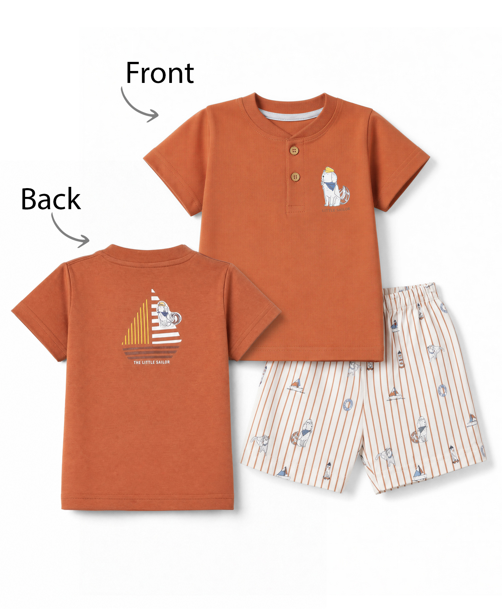 Zero Sinker Knit Half Sleeves Front & Back The Little Sailor Dog Printed T-Shirt & Shorts Night Suit - Orange & White-picture-33